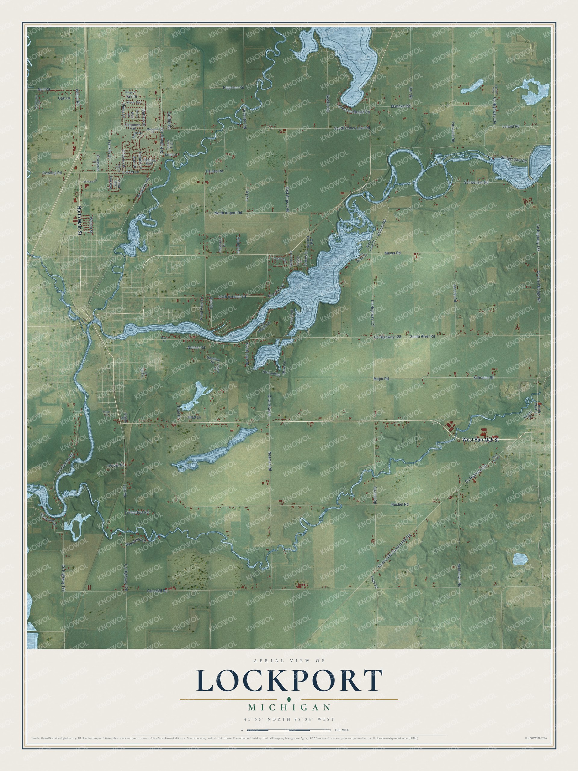 Full map of Lockport, Michigan, with red buildings, printed street names and the land around them