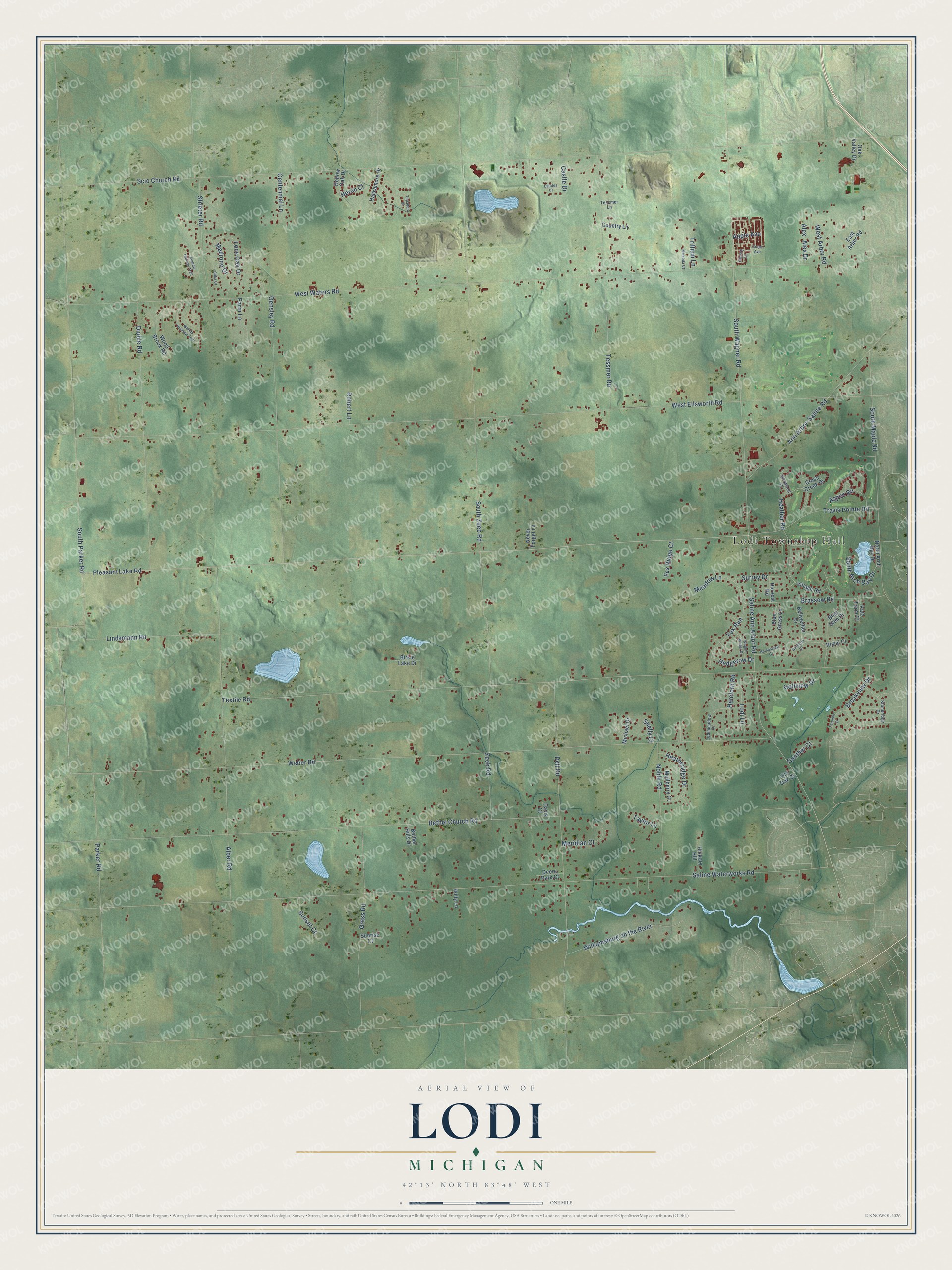 Full map of Lodi, Michigan, with red buildings, printed street names and the land around them
