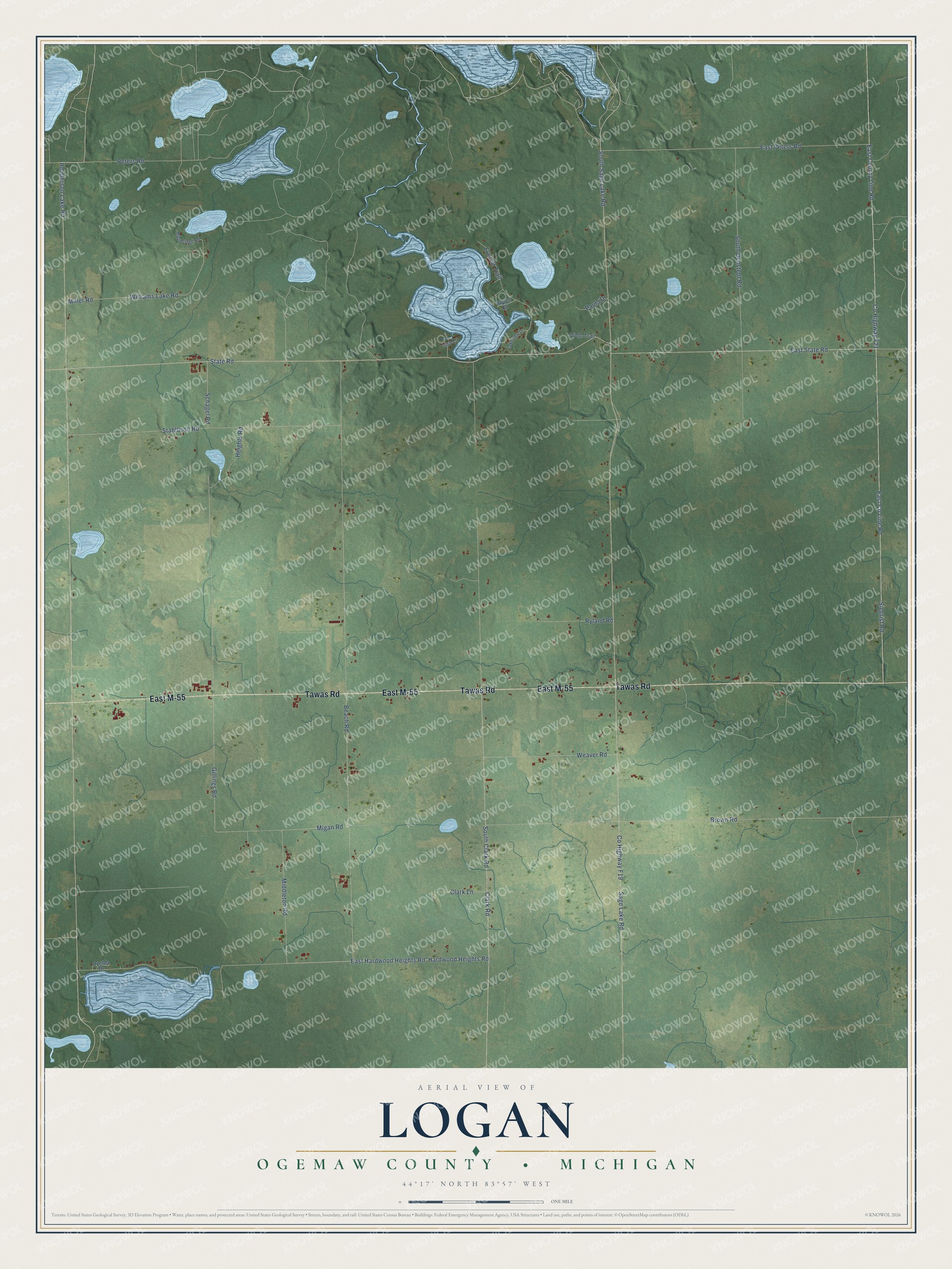 Full map of Logan, Michigan, with red buildings, printed street names and the land around them