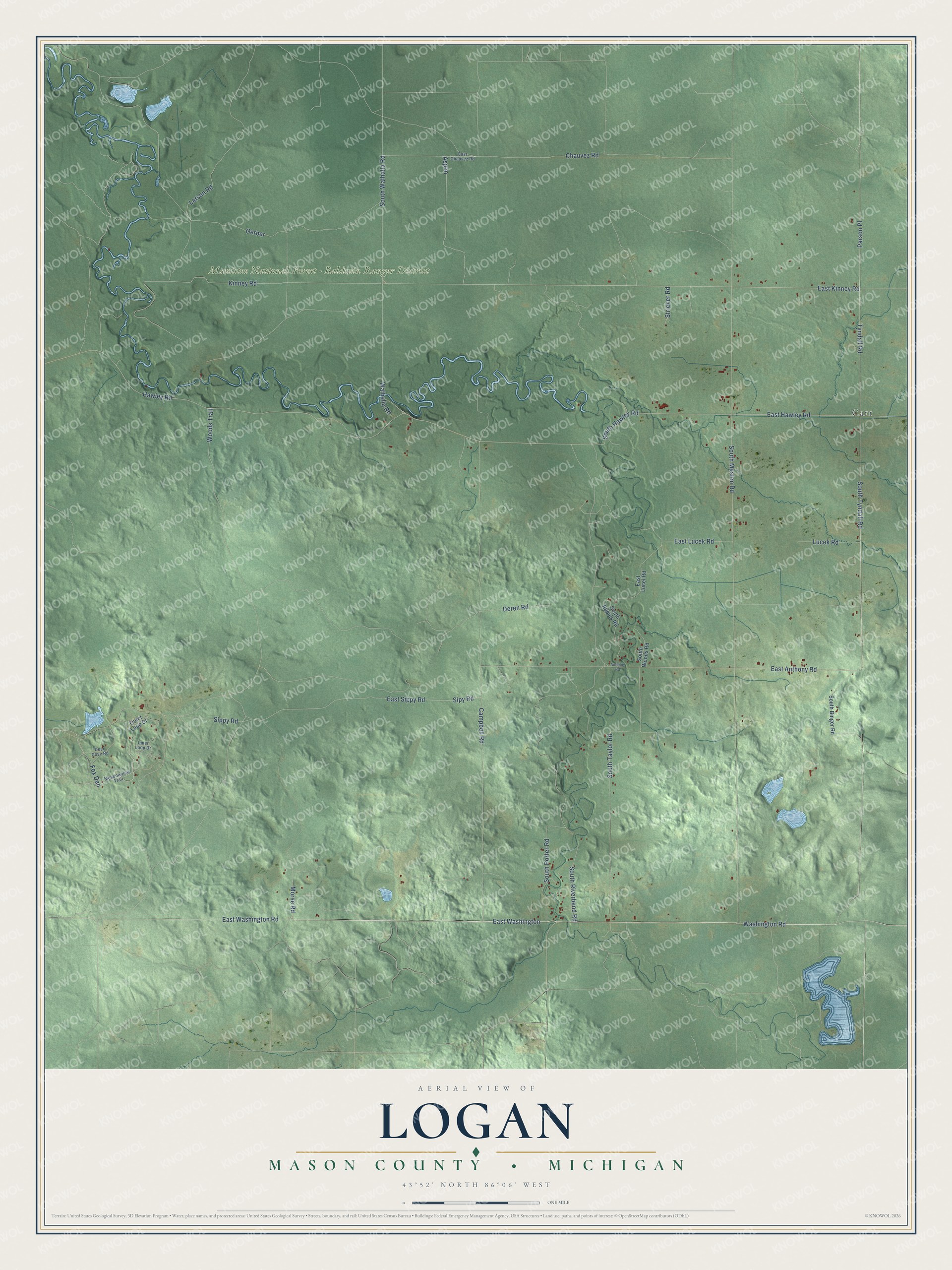 Full map of Logan, Michigan, with red buildings, printed street names and the land around them