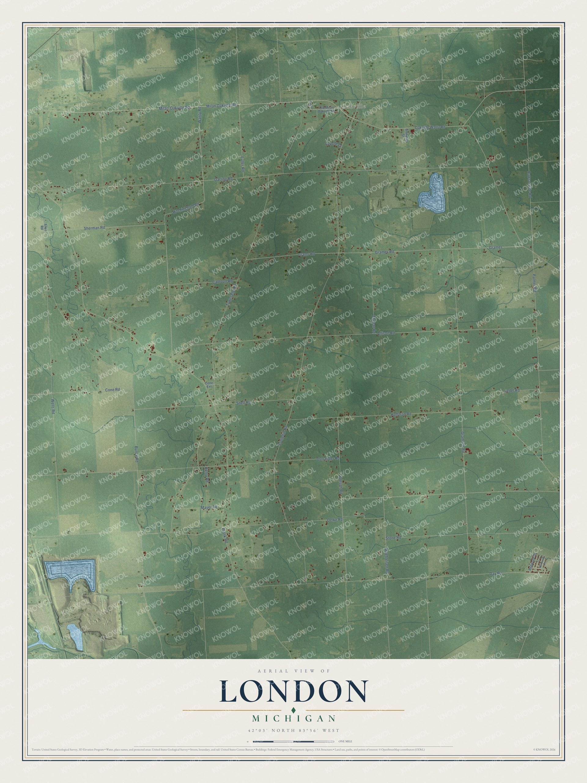 Full map of London, Michigan, with red buildings, printed street names and the land around them