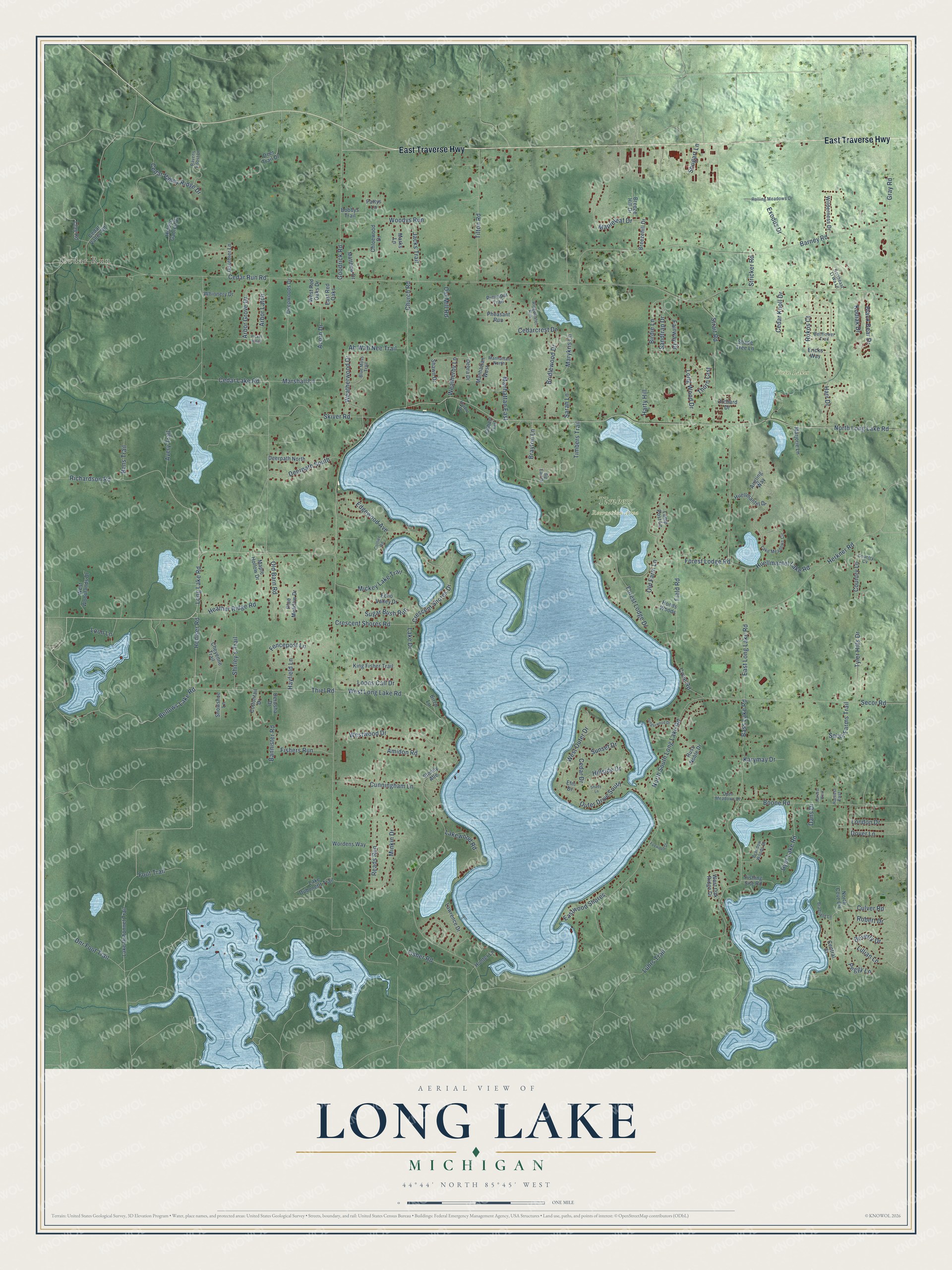 Full map of Long Lake, Michigan, with red buildings, printed street names and the land around them