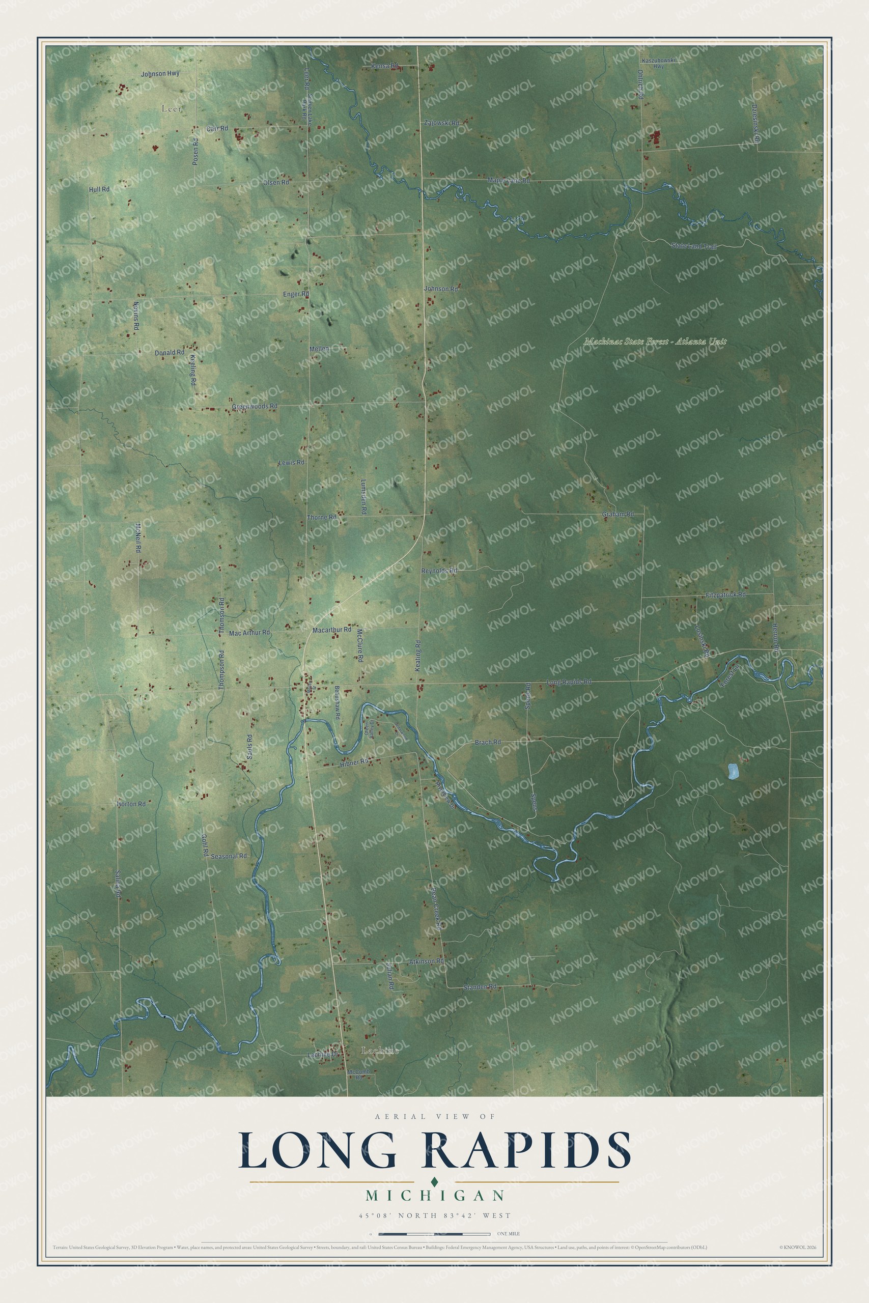Full map of Long Rapids, Michigan, with red buildings, printed street names and the land around them