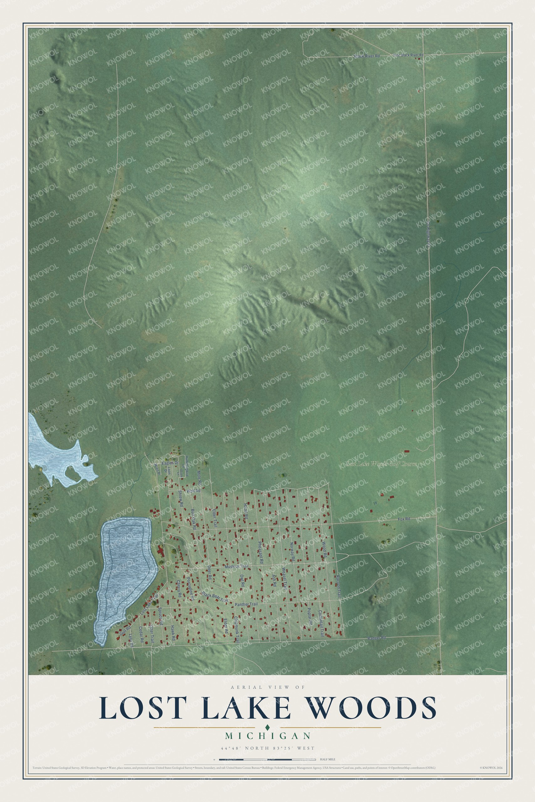Full map of Lost Lake Woods, Michigan, with red buildings, printed street names and the land around them