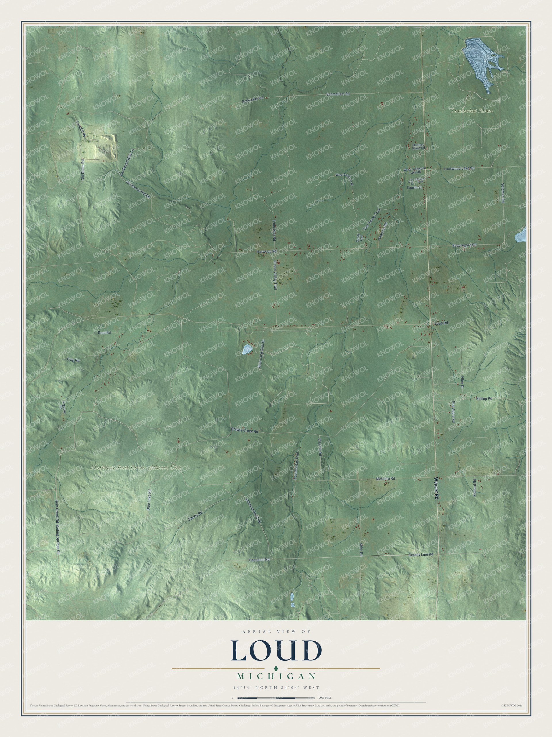 Full map of Loud, Michigan, with red buildings, printed street names and the land around them