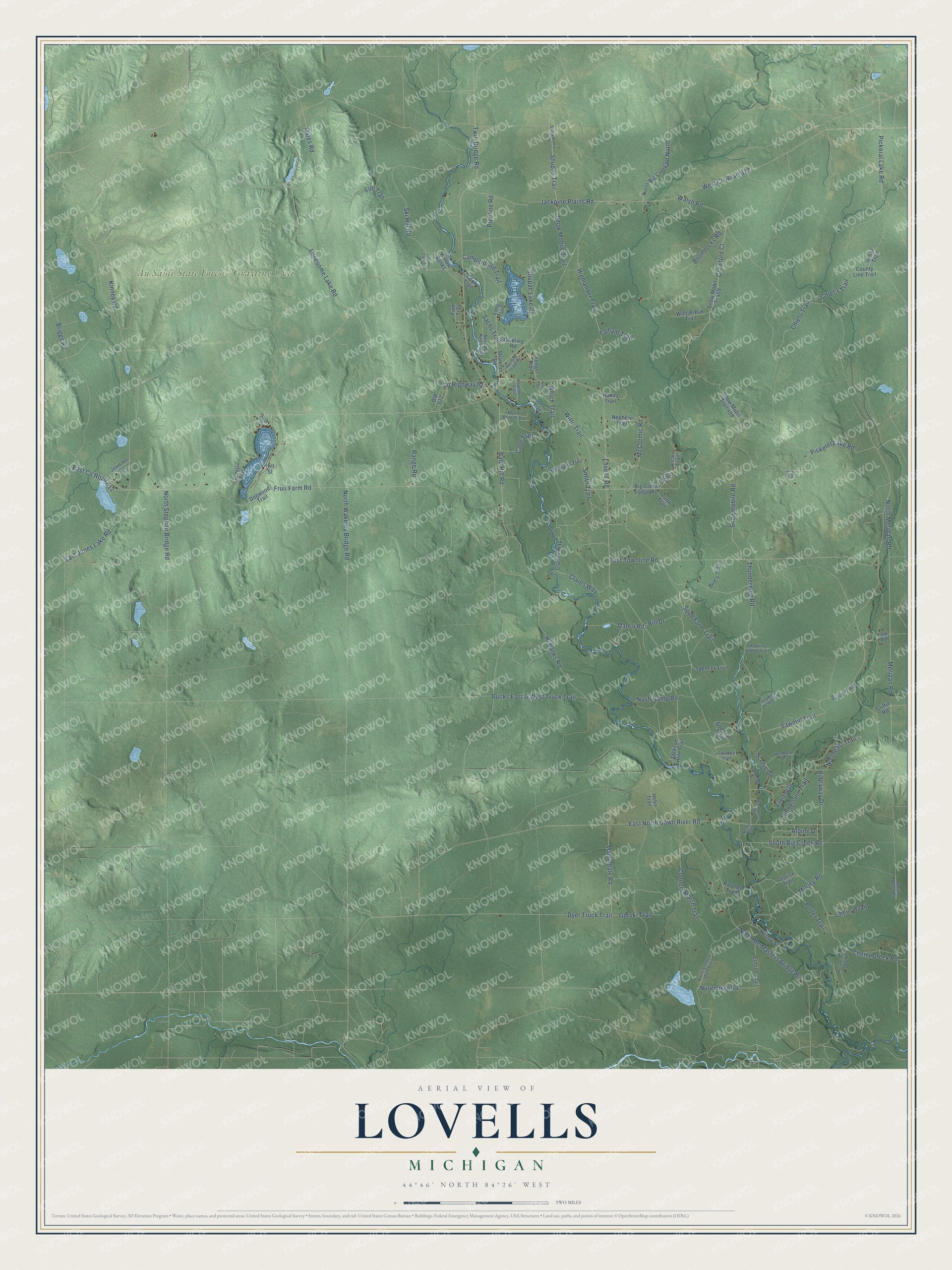 Full map of Lovells, Michigan, with red buildings, printed street names and the land around them