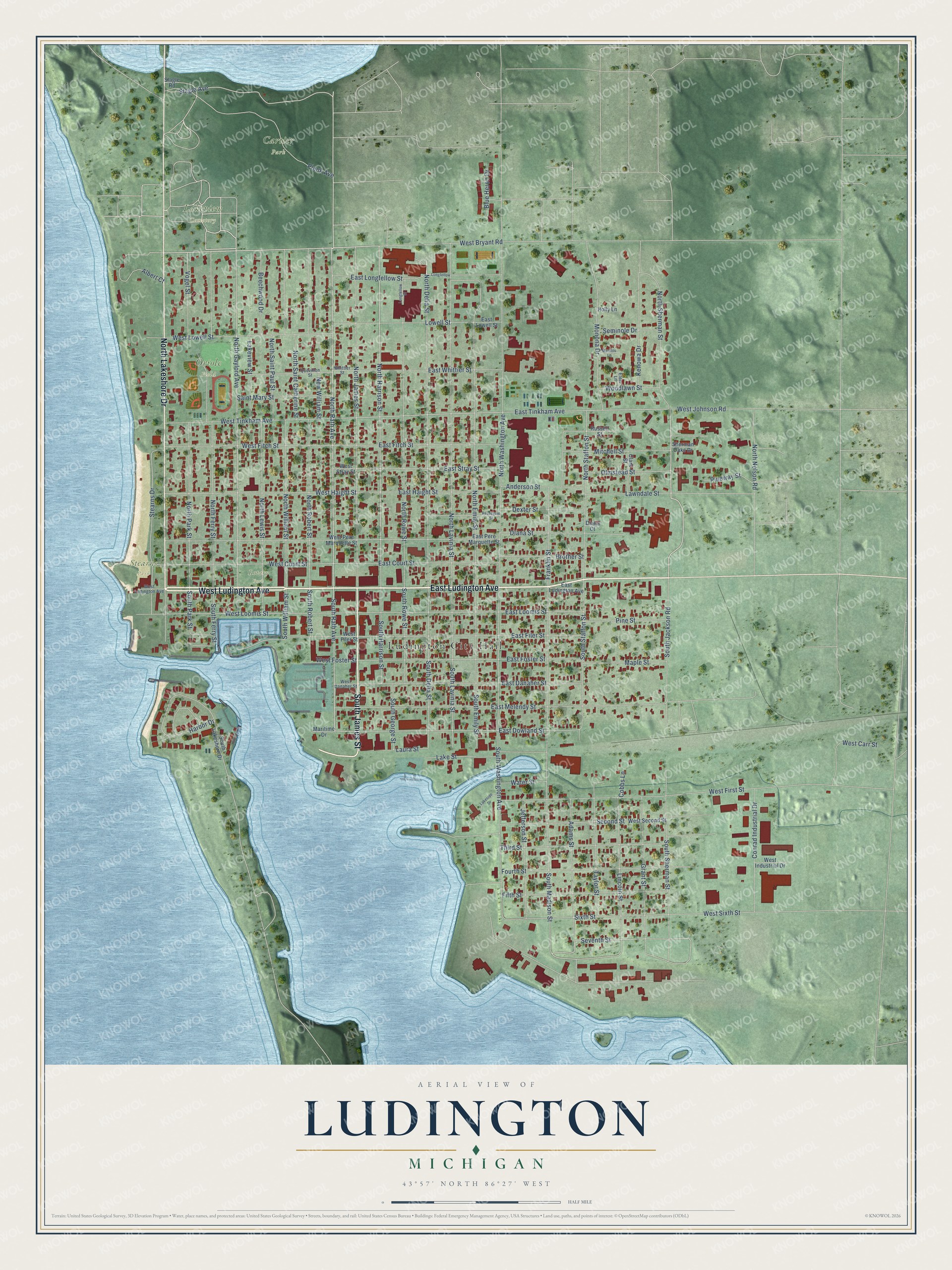Full map of Ludington, Michigan, with red buildings, printed street names and the land around them
