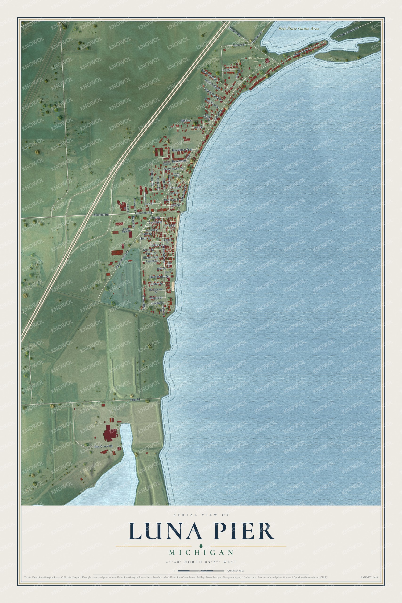 Full map of Luna Pier, Michigan, with red buildings, printed street names and the land around them
