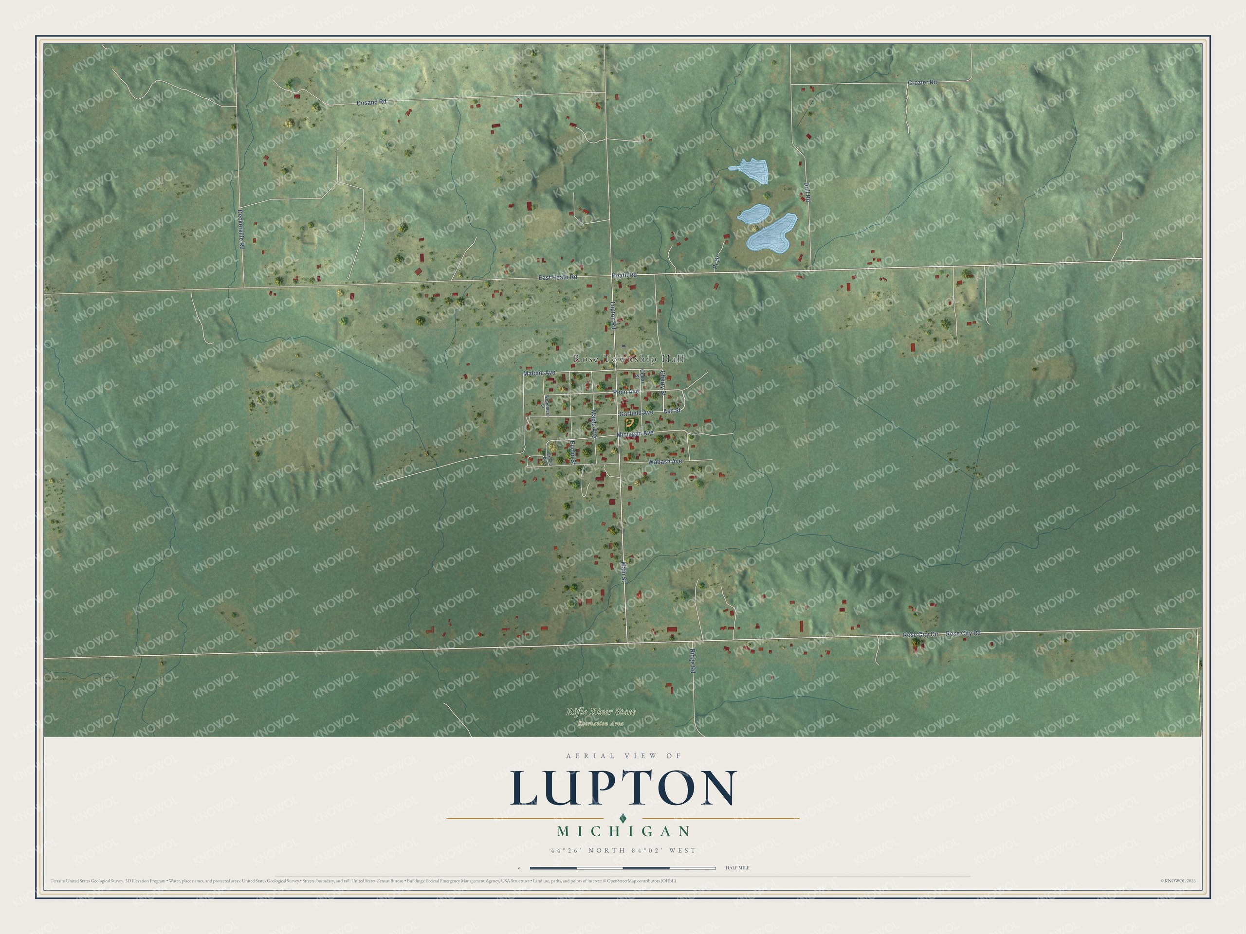 Full map of Lupton, Michigan, with red buildings, printed street names and the land around them