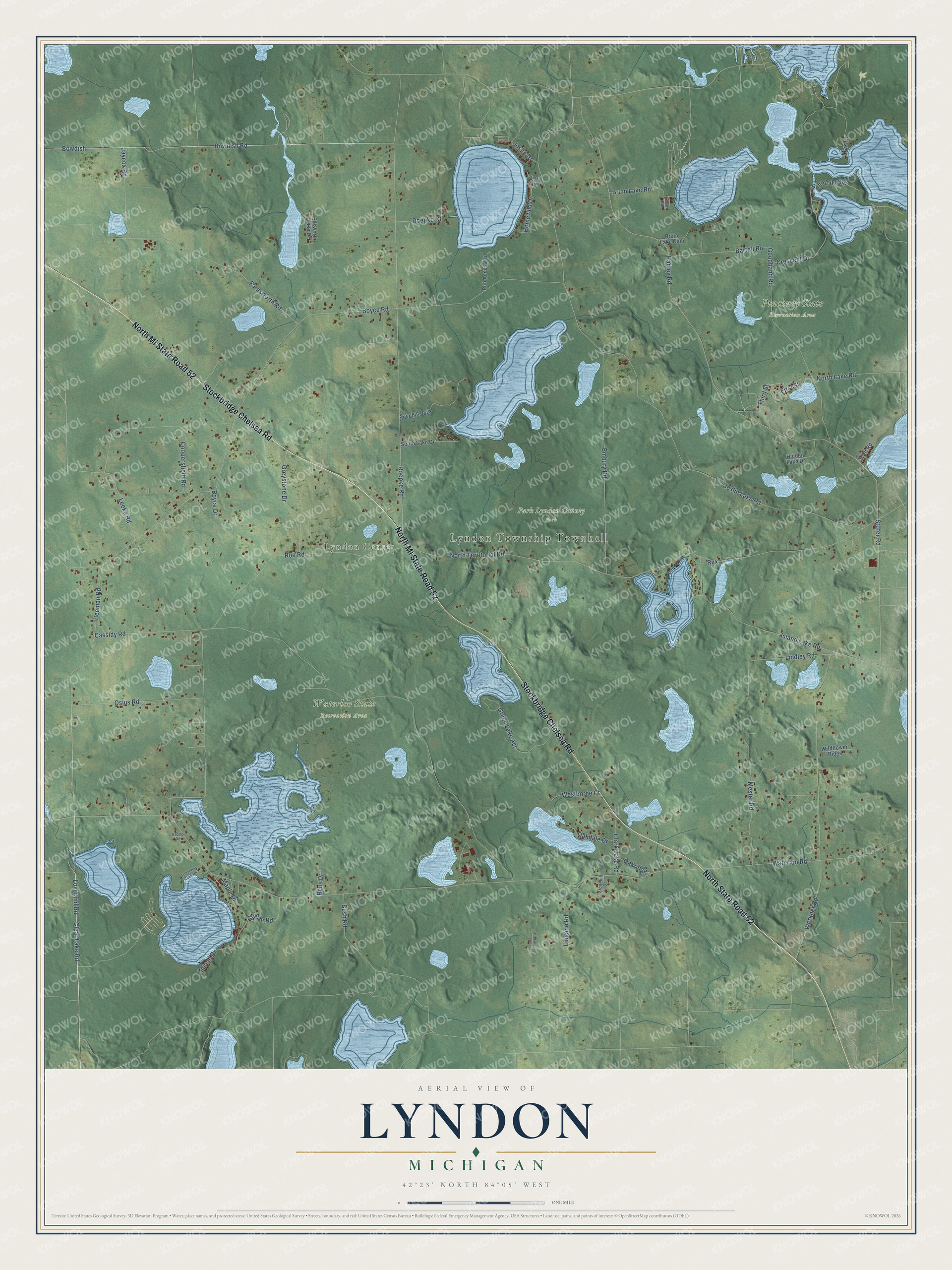 Full map of Lyndon, Michigan, with red buildings, printed street names and the land around them