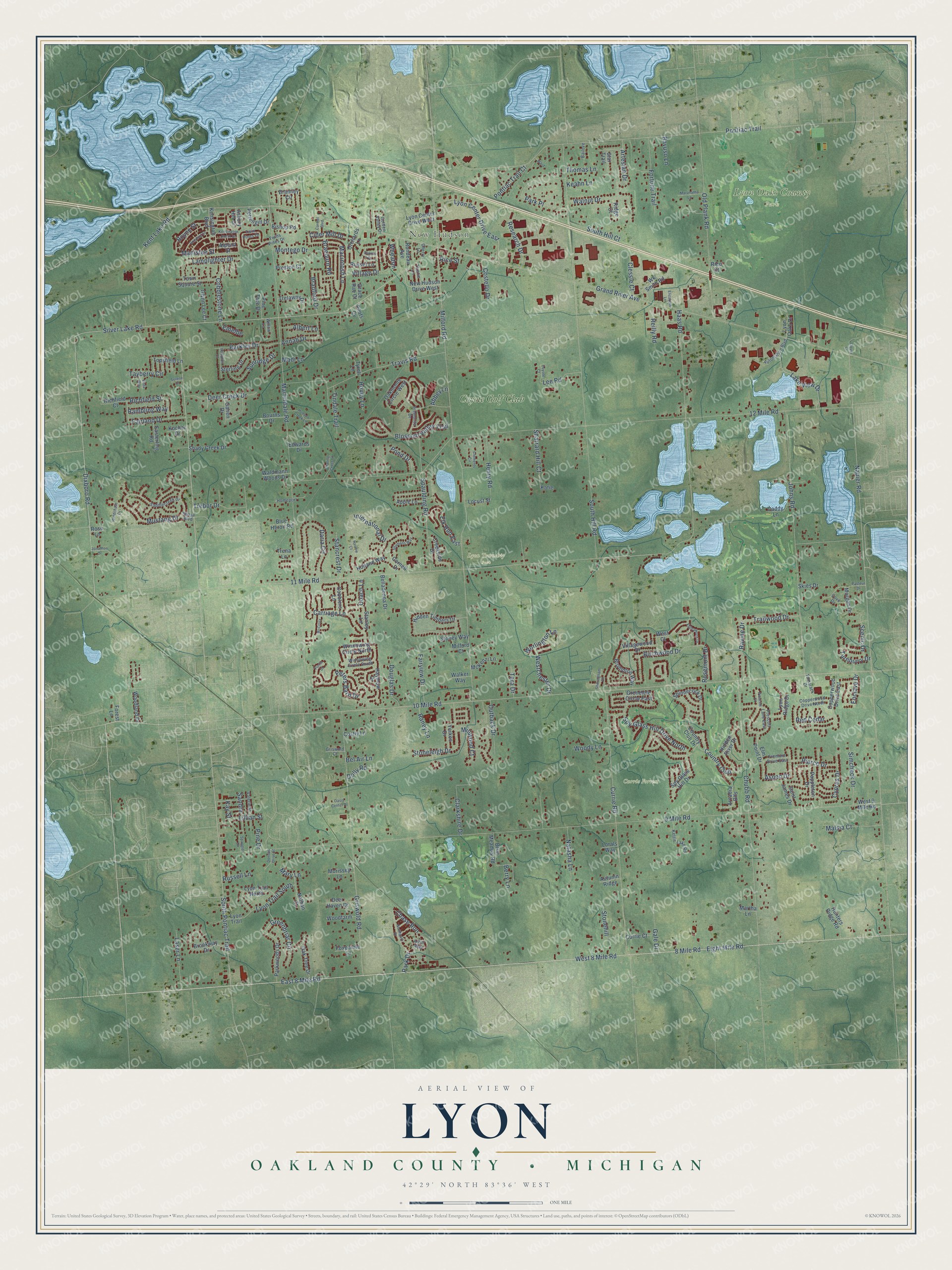 Full map of Lyon, Michigan, with red buildings, printed street names and the land around them