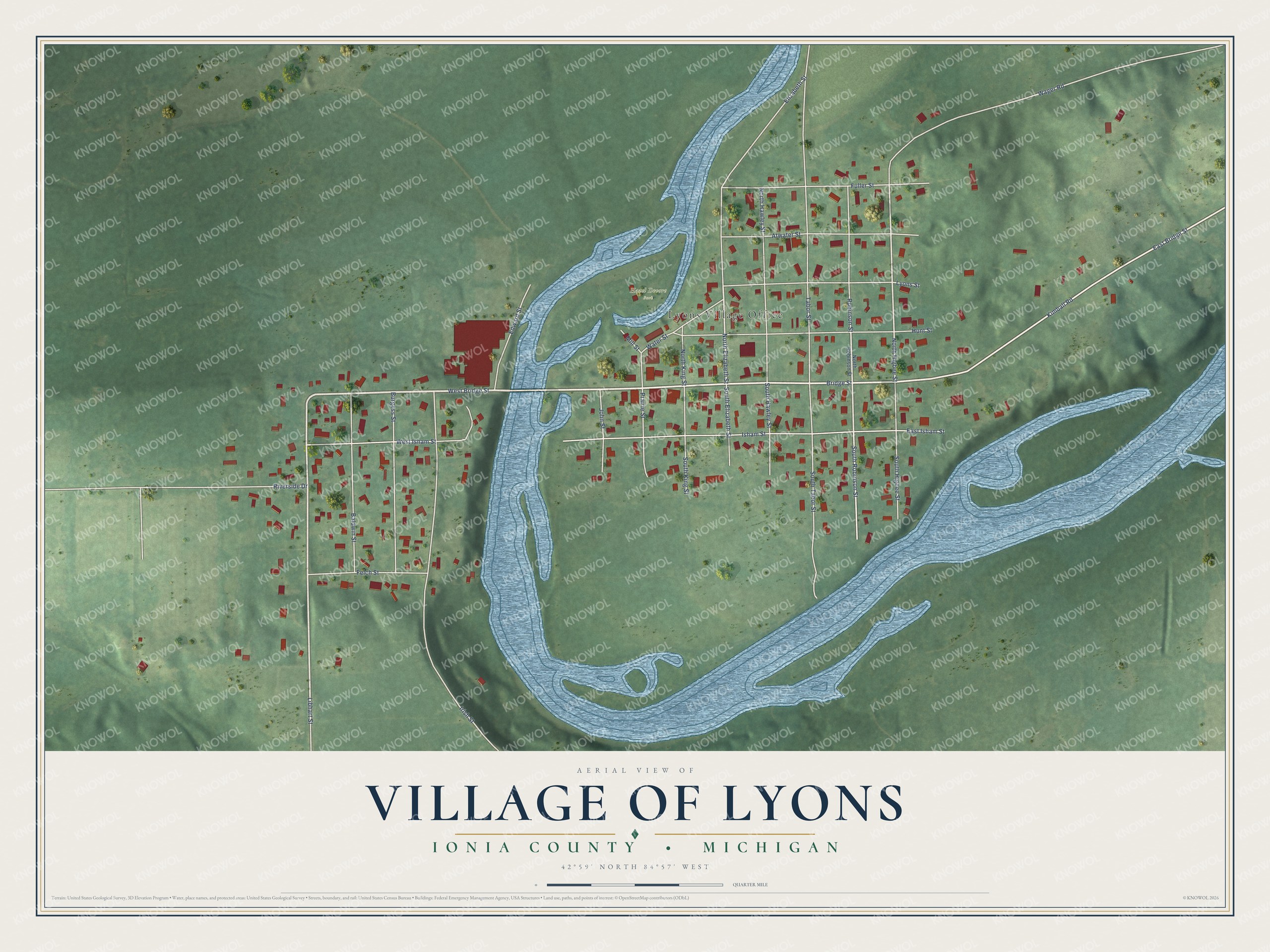 Full map of Lyons, Michigan, with red buildings, printed street names and the land around them