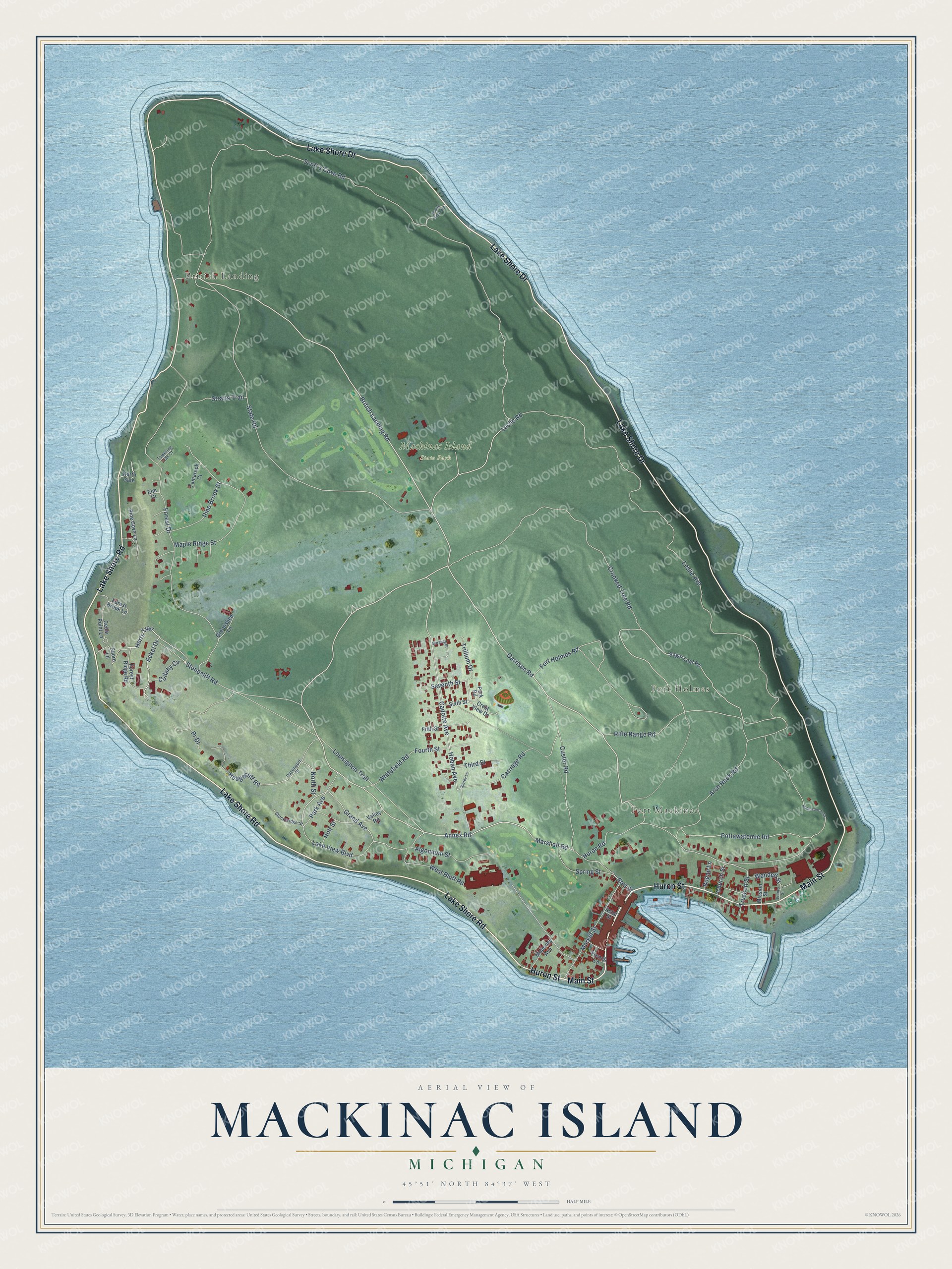 Full map of Mackinac Island, Michigan, with red buildings, printed street names and the land around them
