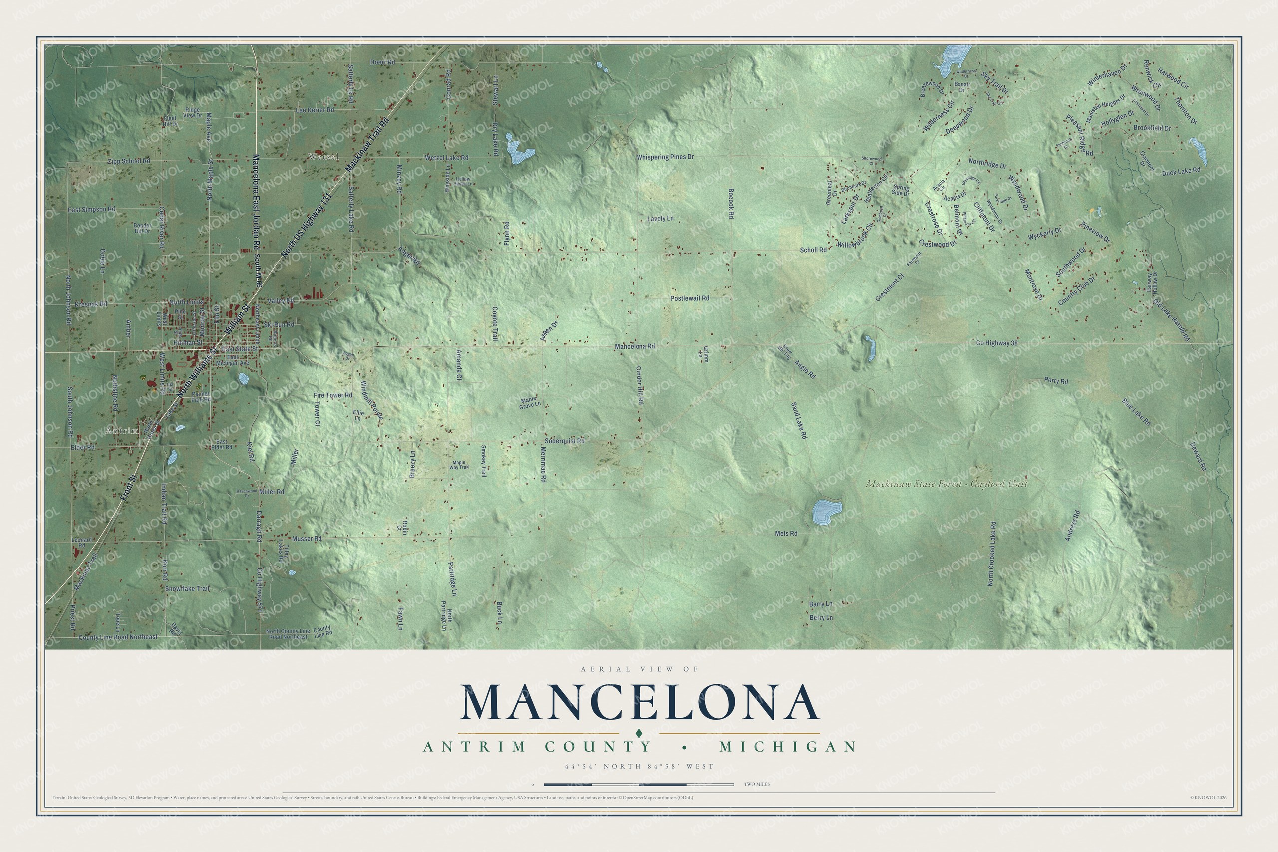 Full map of Mancelona, Michigan, with red buildings, printed street names and the land around them