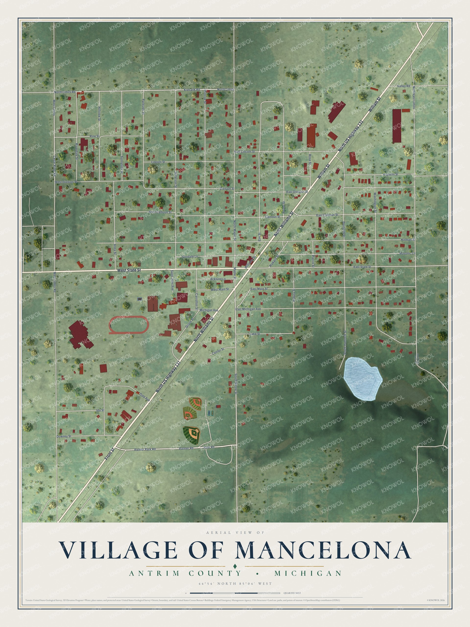Full map of Mancelona, Michigan, with red buildings, printed street names and the land around them