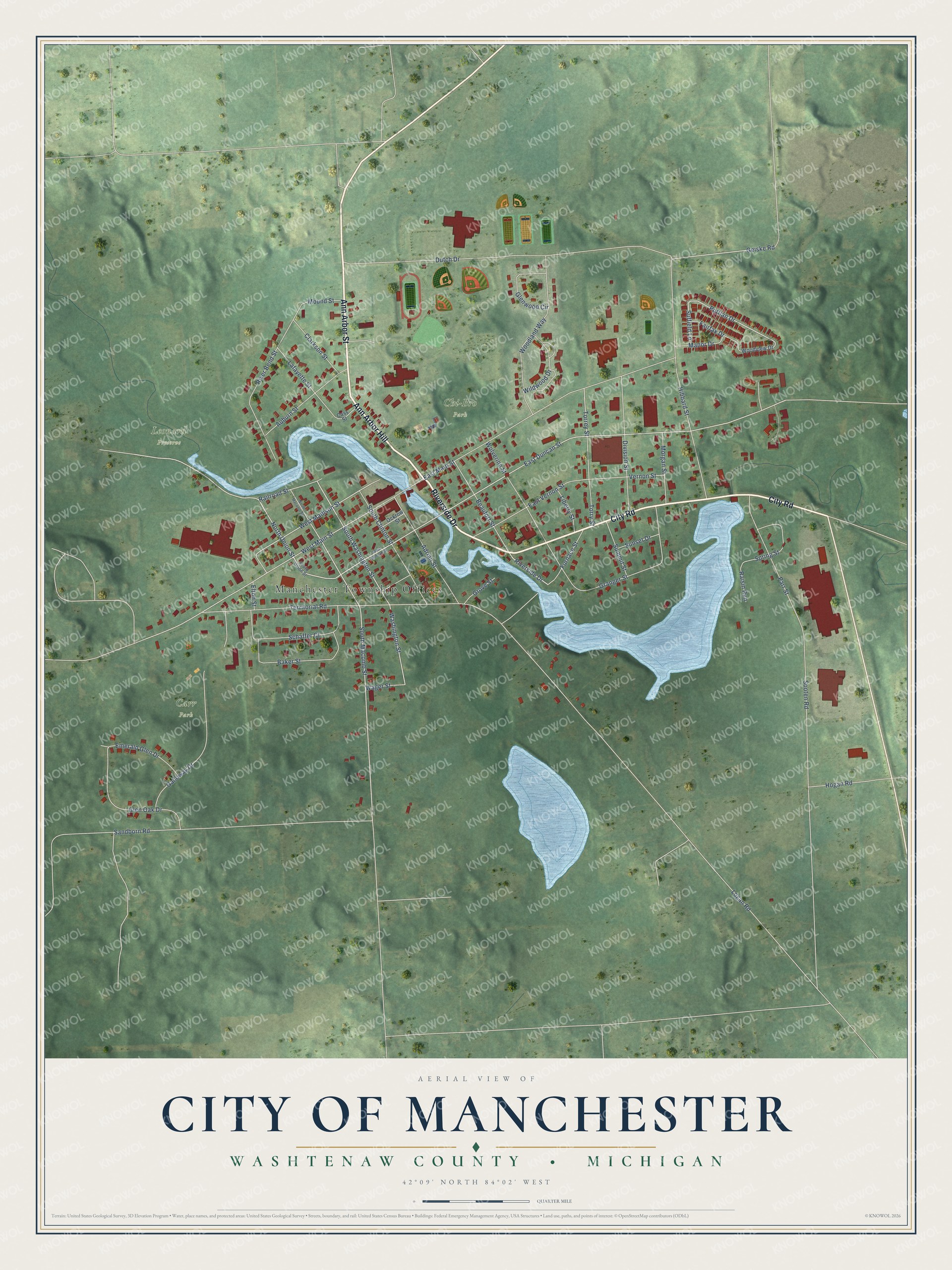 Full map of Manchester, Michigan, with red buildings, printed street names and the land around them