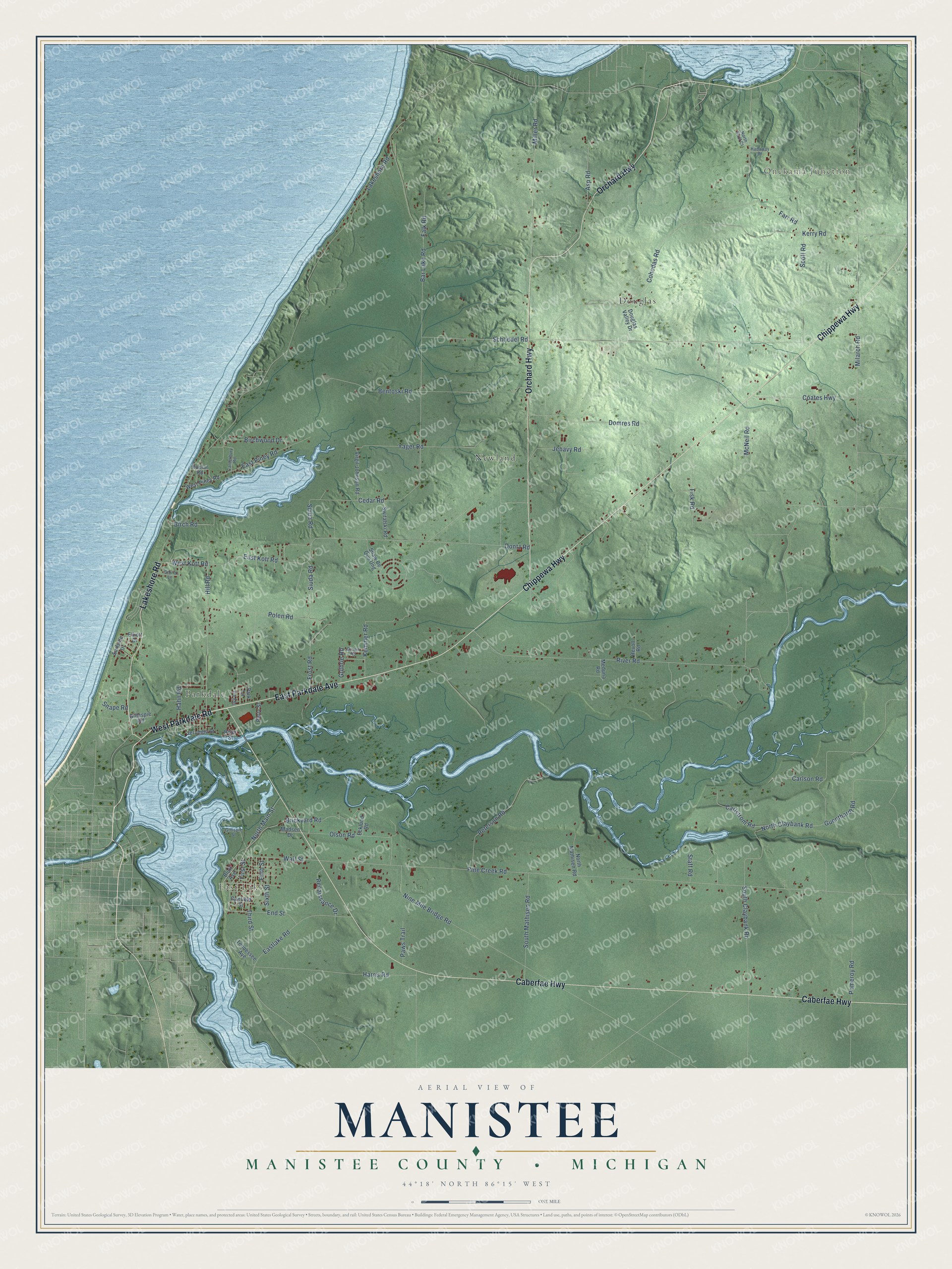 Full map of Manistee, Michigan, with red buildings, printed street names and the land around them