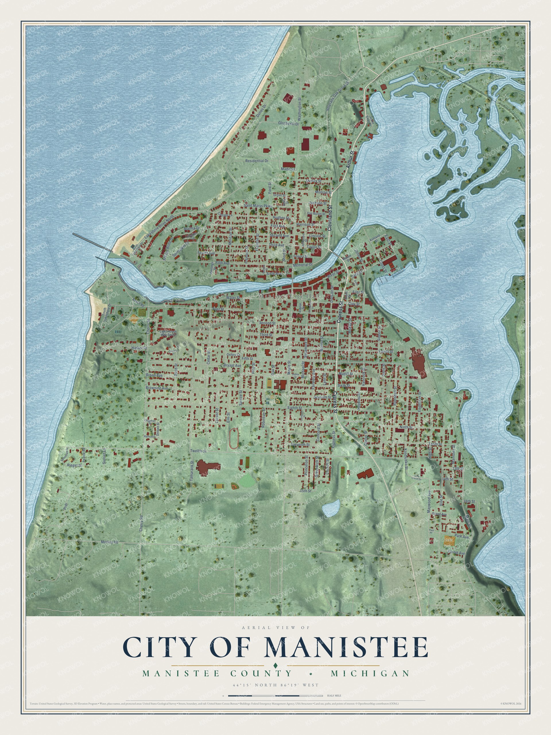 Full map of Manistee, Michigan, with red buildings, printed street names and the land around them