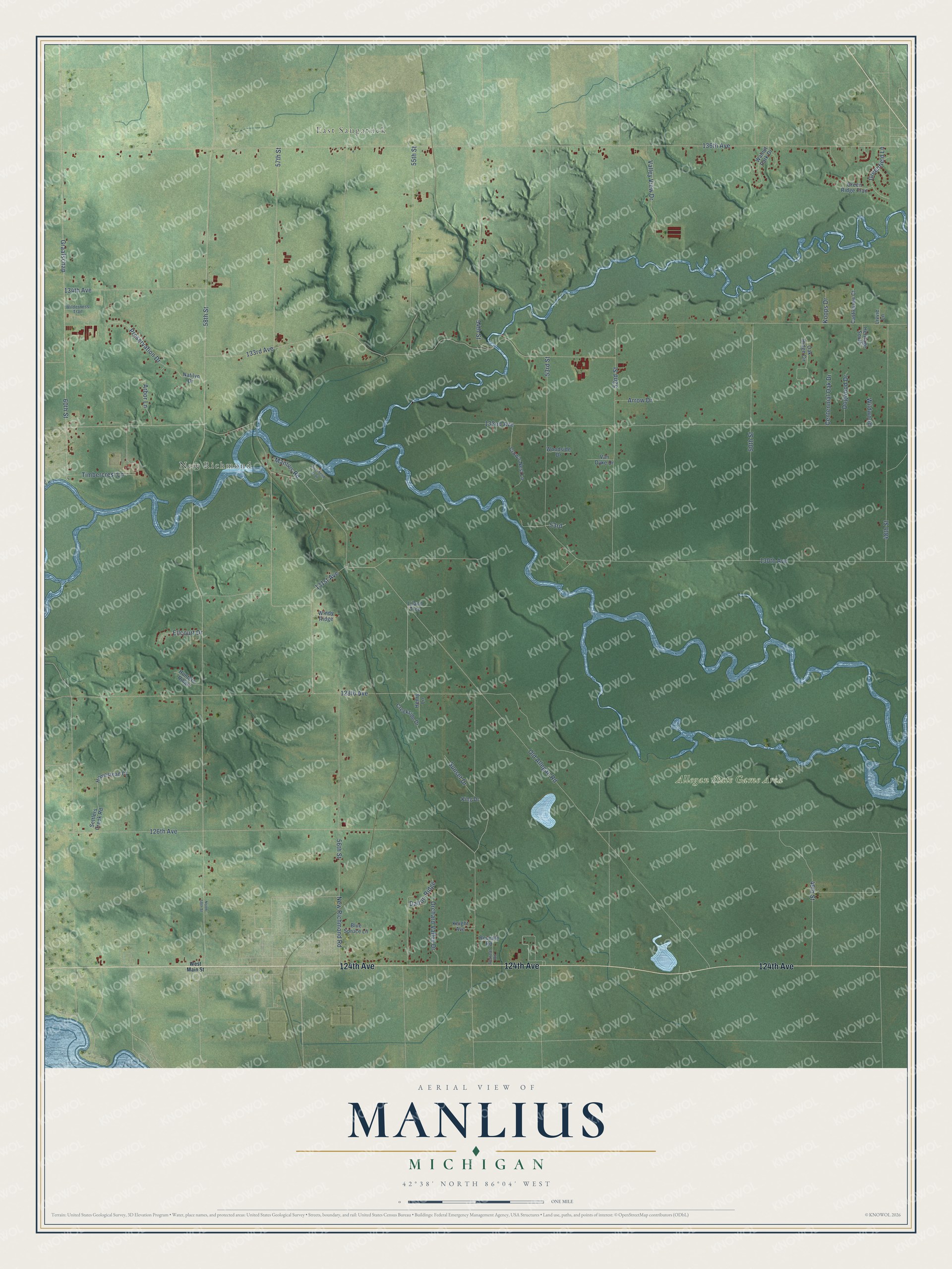 Full map of Manlius, Michigan, with red buildings, printed street names and the land around them