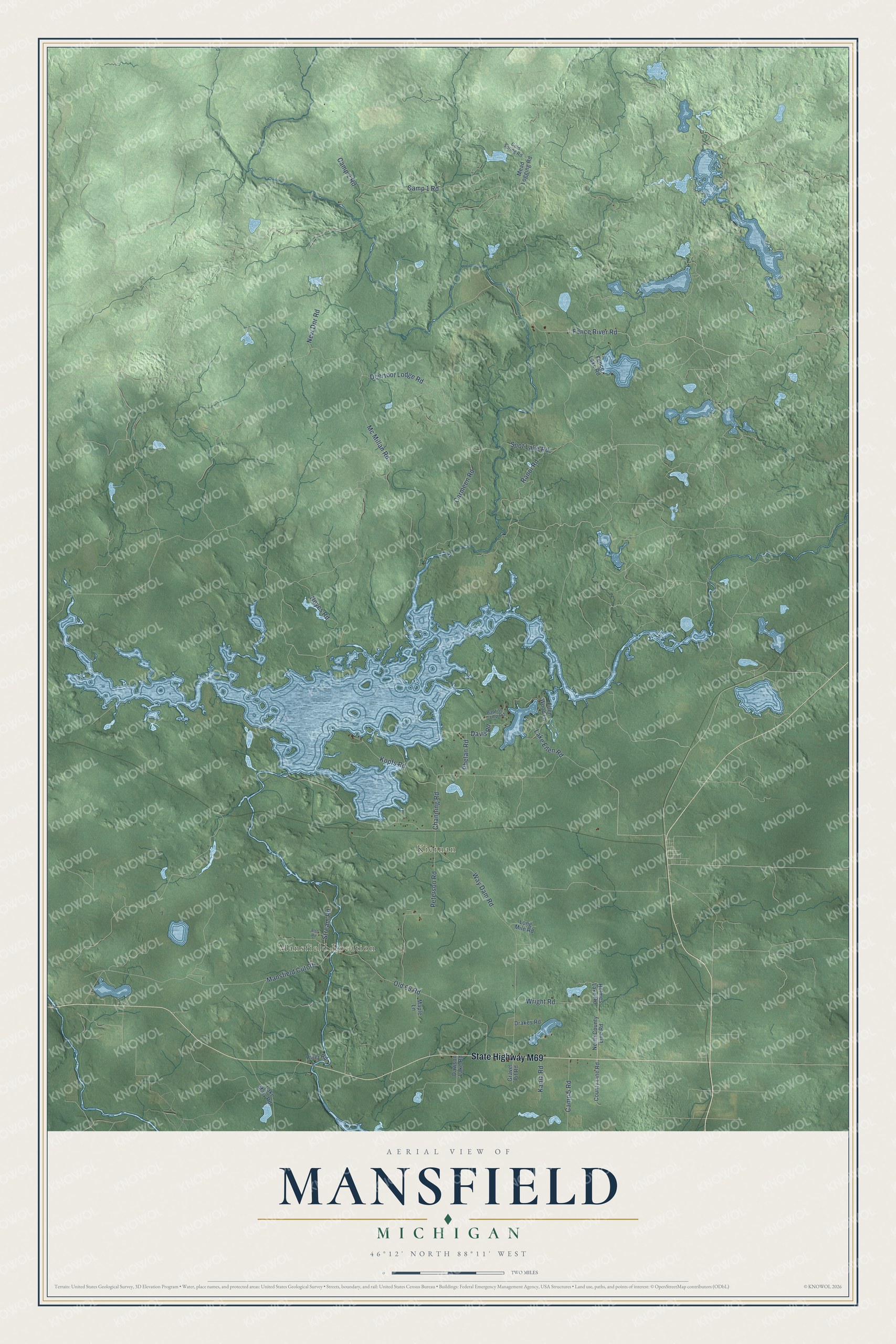 Full map of Mansfield, Michigan, with red buildings, printed street names and the land around them