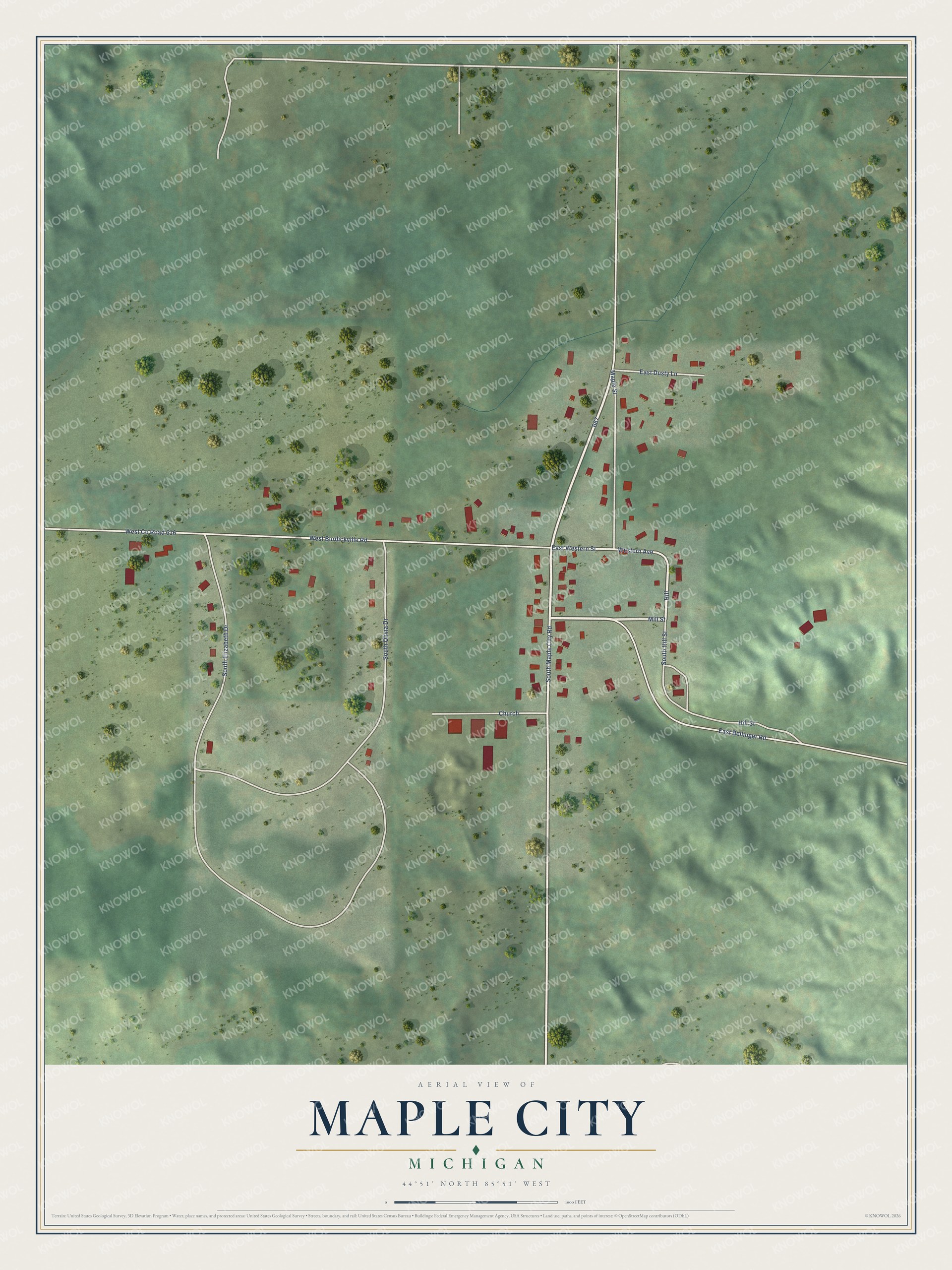 Full map of Maple City, Michigan, with red buildings, printed street names and the land around them