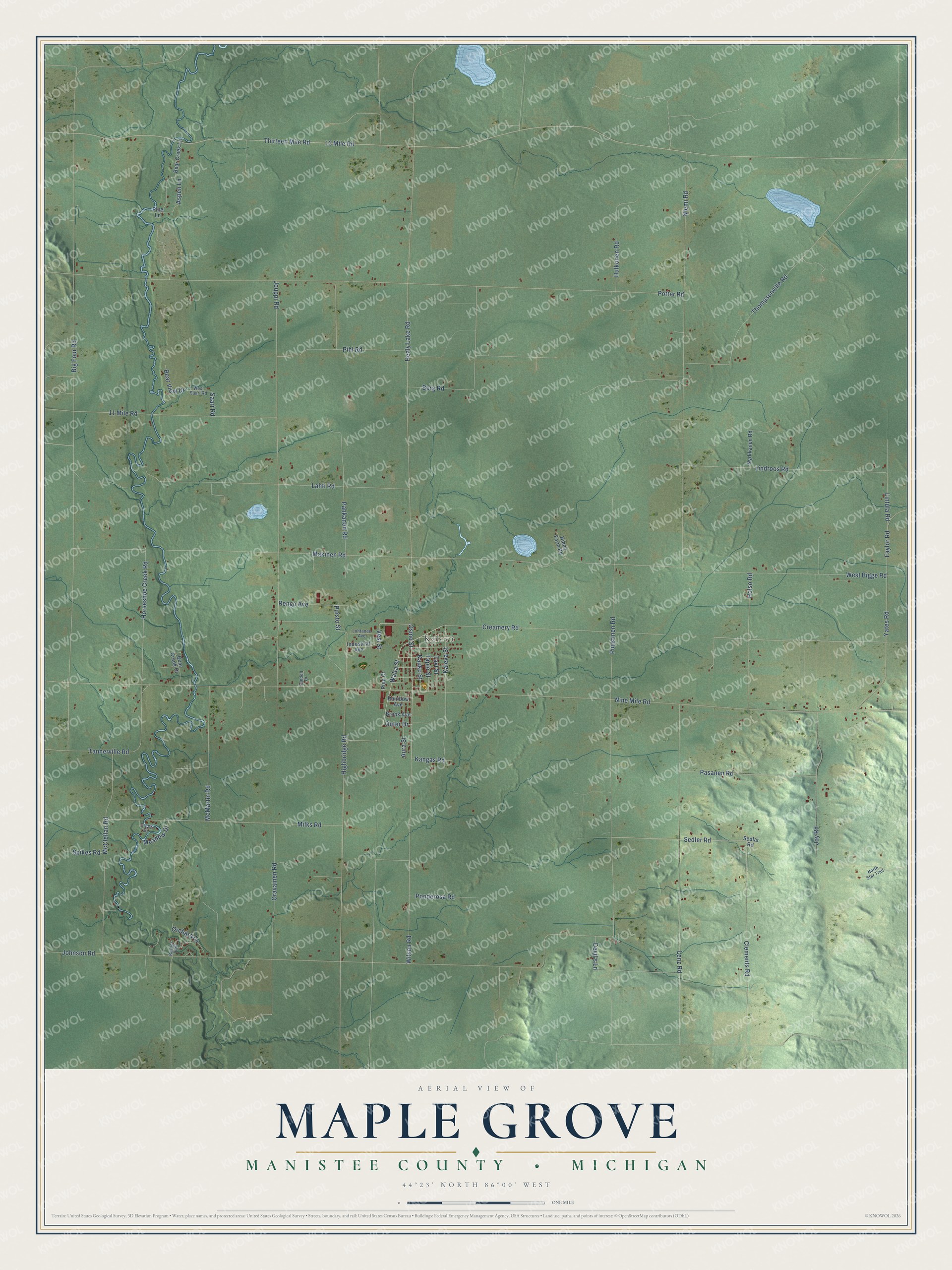 Full map of Maple Grove, Michigan, with red buildings, printed street names and the land around them