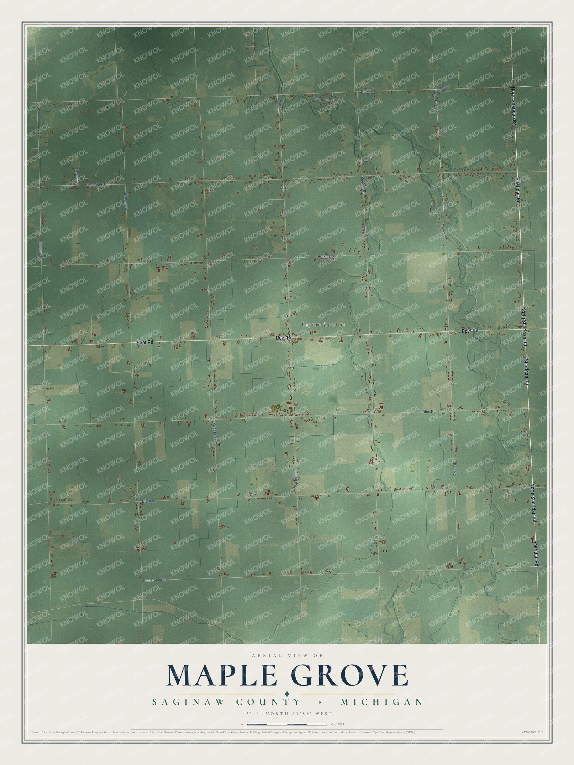 Full map of Maple Grove, Michigan, with red buildings, printed street names and the land around them