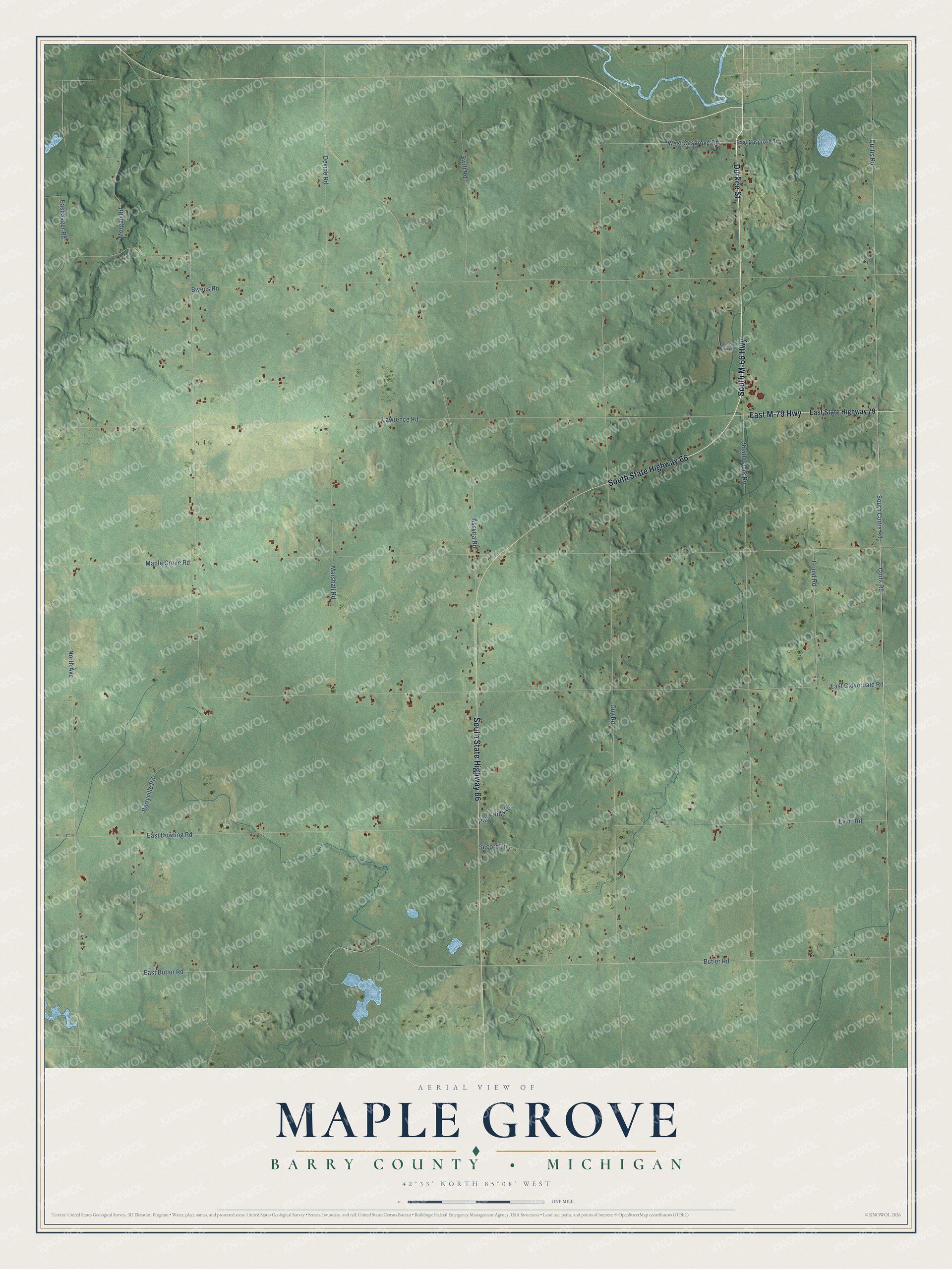 Full map of Maple Grove, Michigan, with red buildings, printed street names and the land around them
