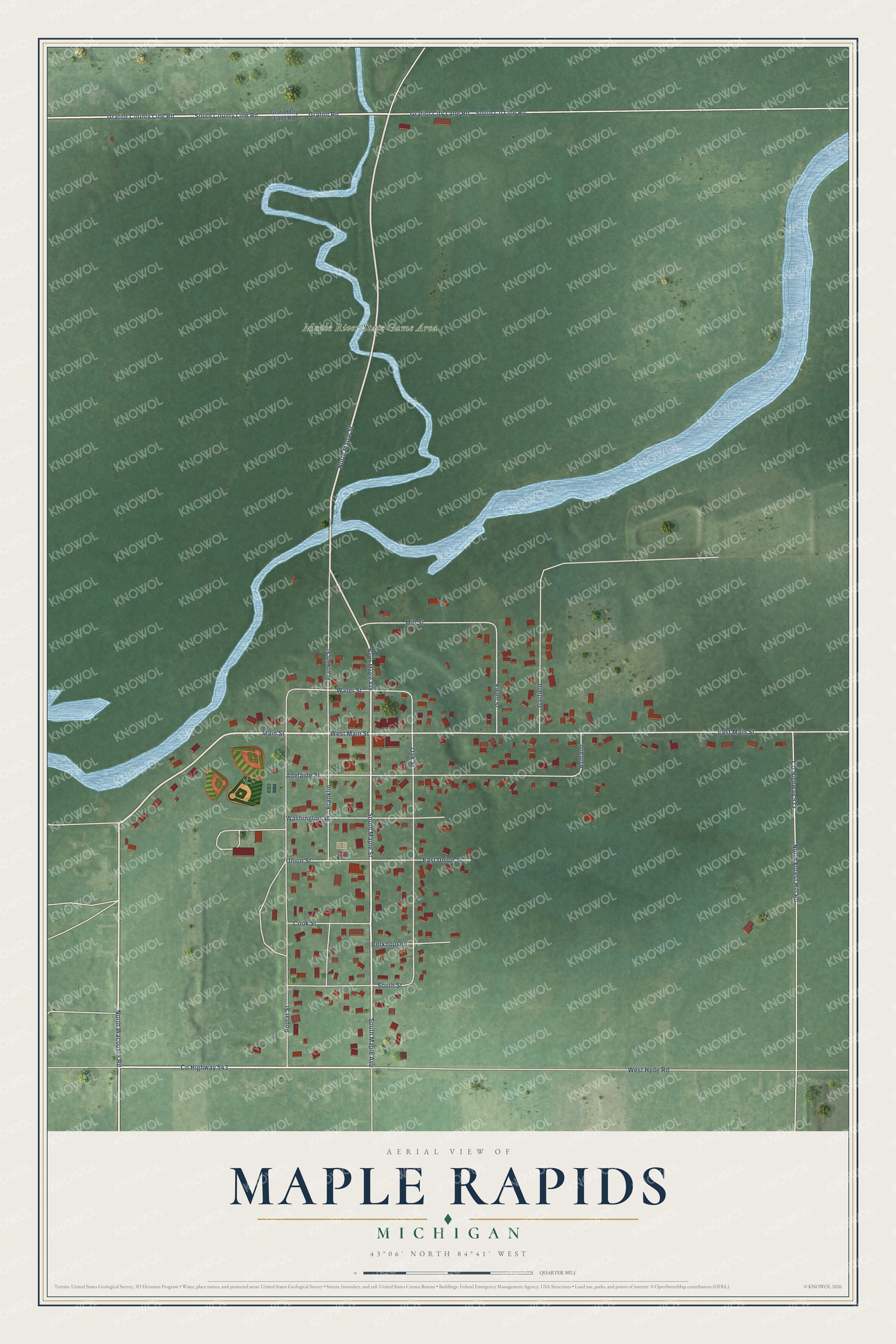 Full map of Maple Rapids, Michigan, with red buildings, printed street names and the land around them