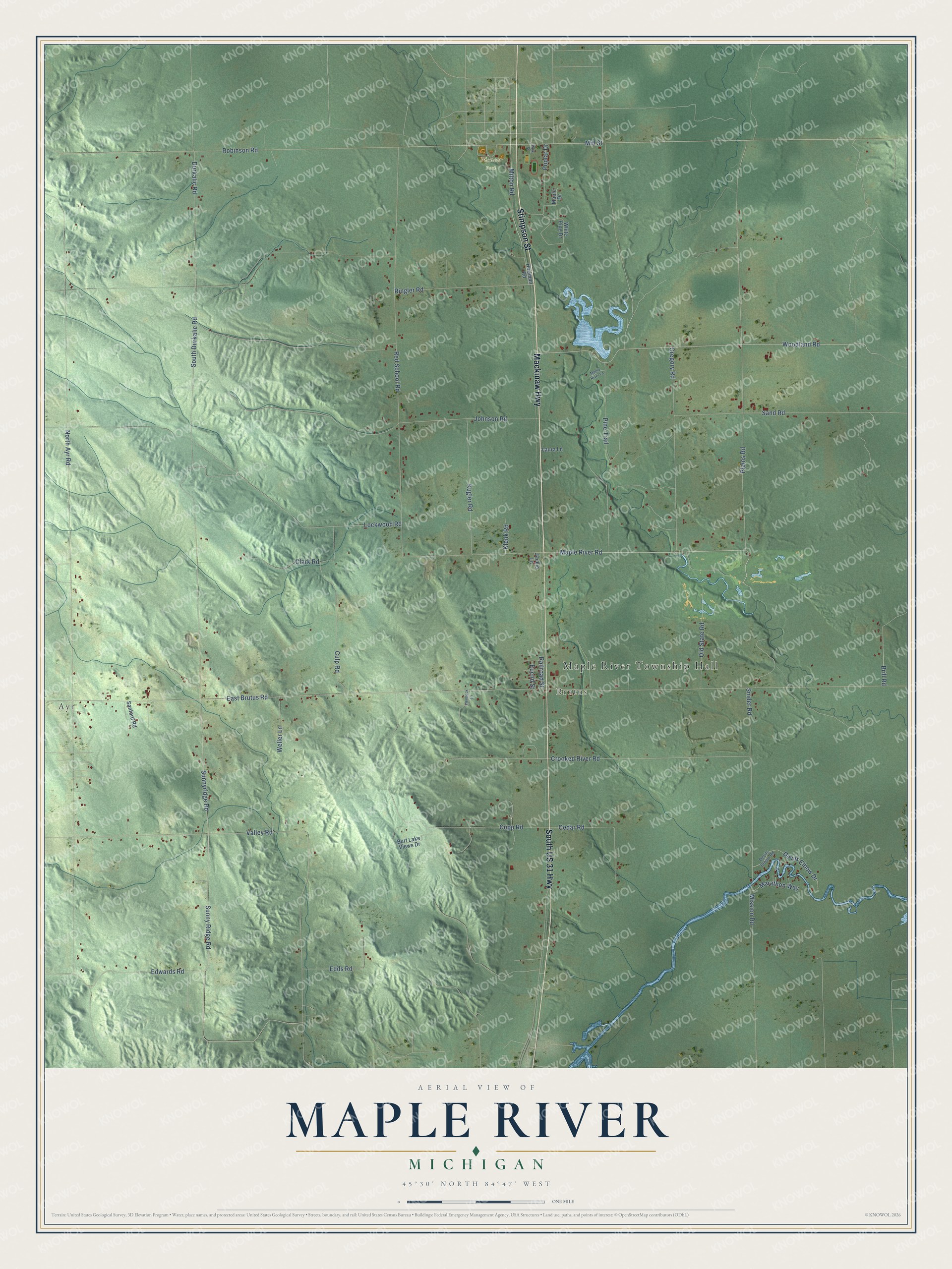 Full map of Maple River, Michigan, with red buildings, printed street names and the land around them