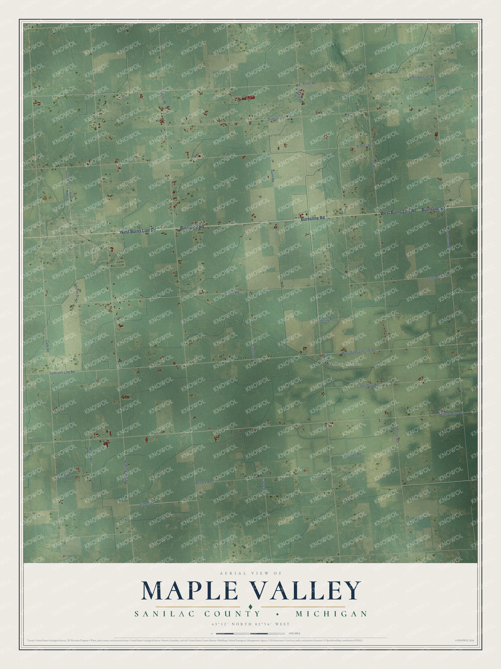 Full map of Maple Valley, Michigan, with red buildings, printed street names and the land around them