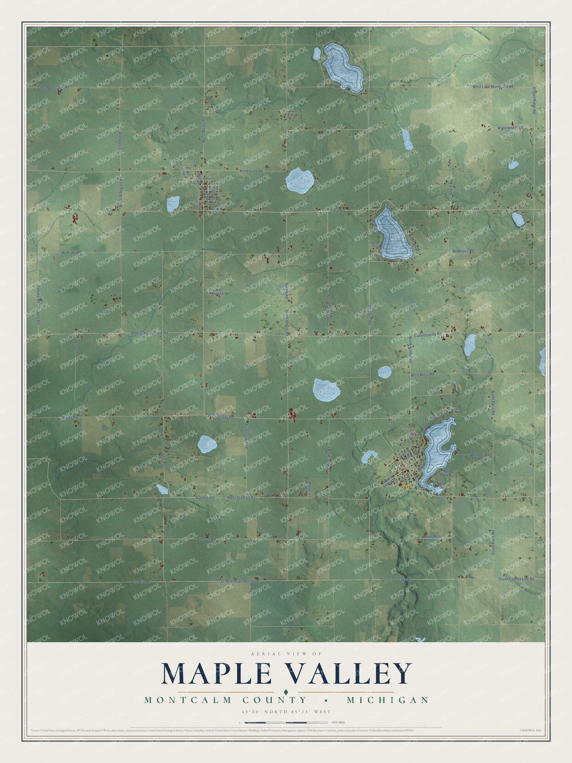 Full map of Maple Valley, Michigan, with red buildings, printed street names and the land around them