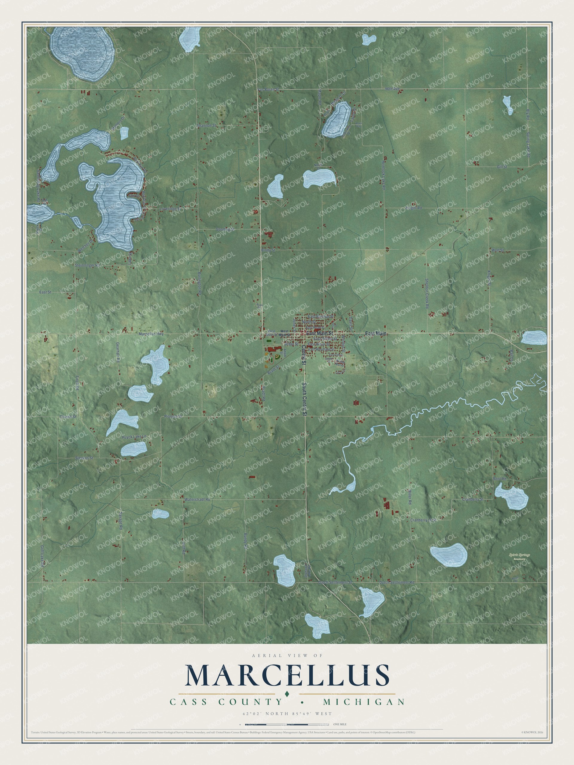 Full map of Marcellus, Michigan, with red buildings, printed street names and the land around them