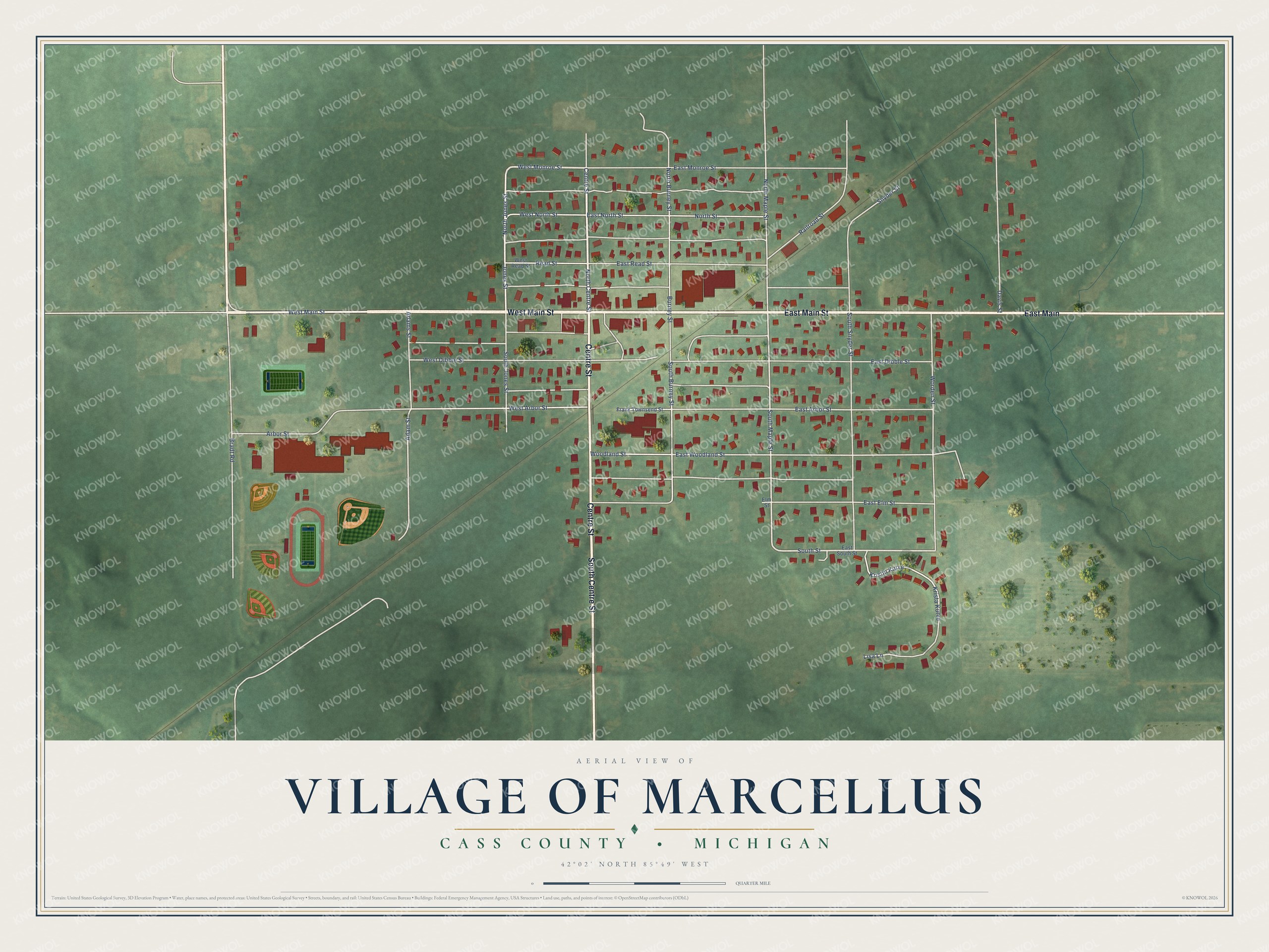 Full map of Marcellus, Michigan, with red buildings, printed street names and the land around them