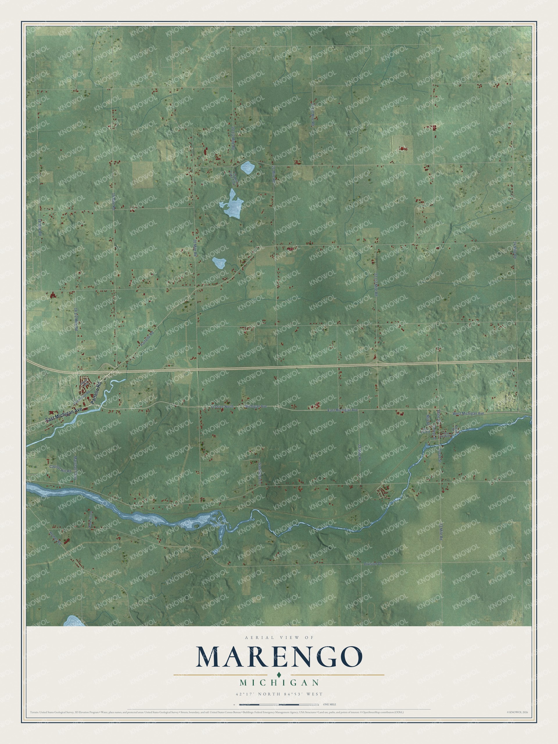 Full map of Marengo, Michigan, with red buildings, printed street names and the land around them