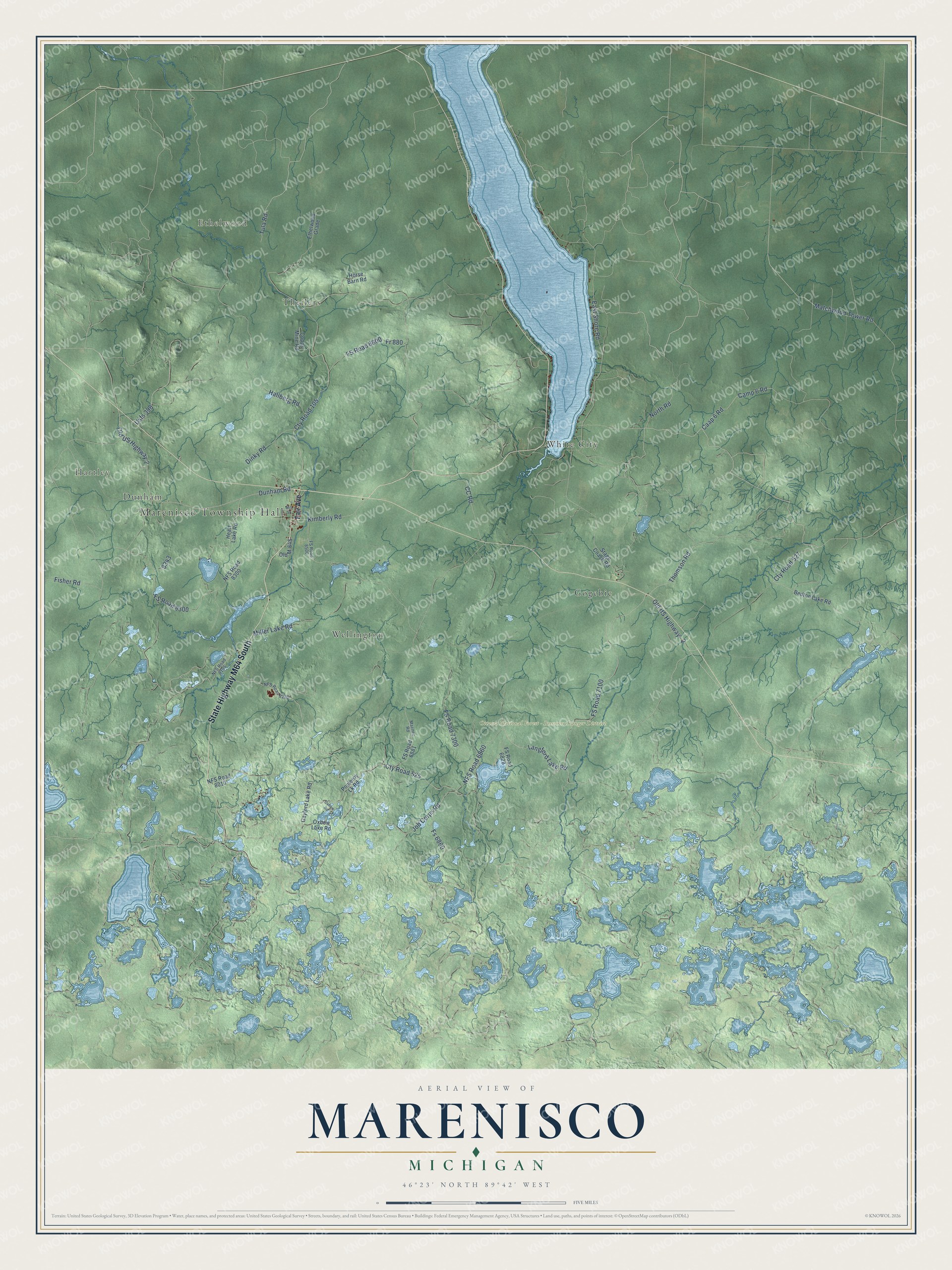 Full map of Marenisco, Michigan, with red buildings, printed street names and the land around them