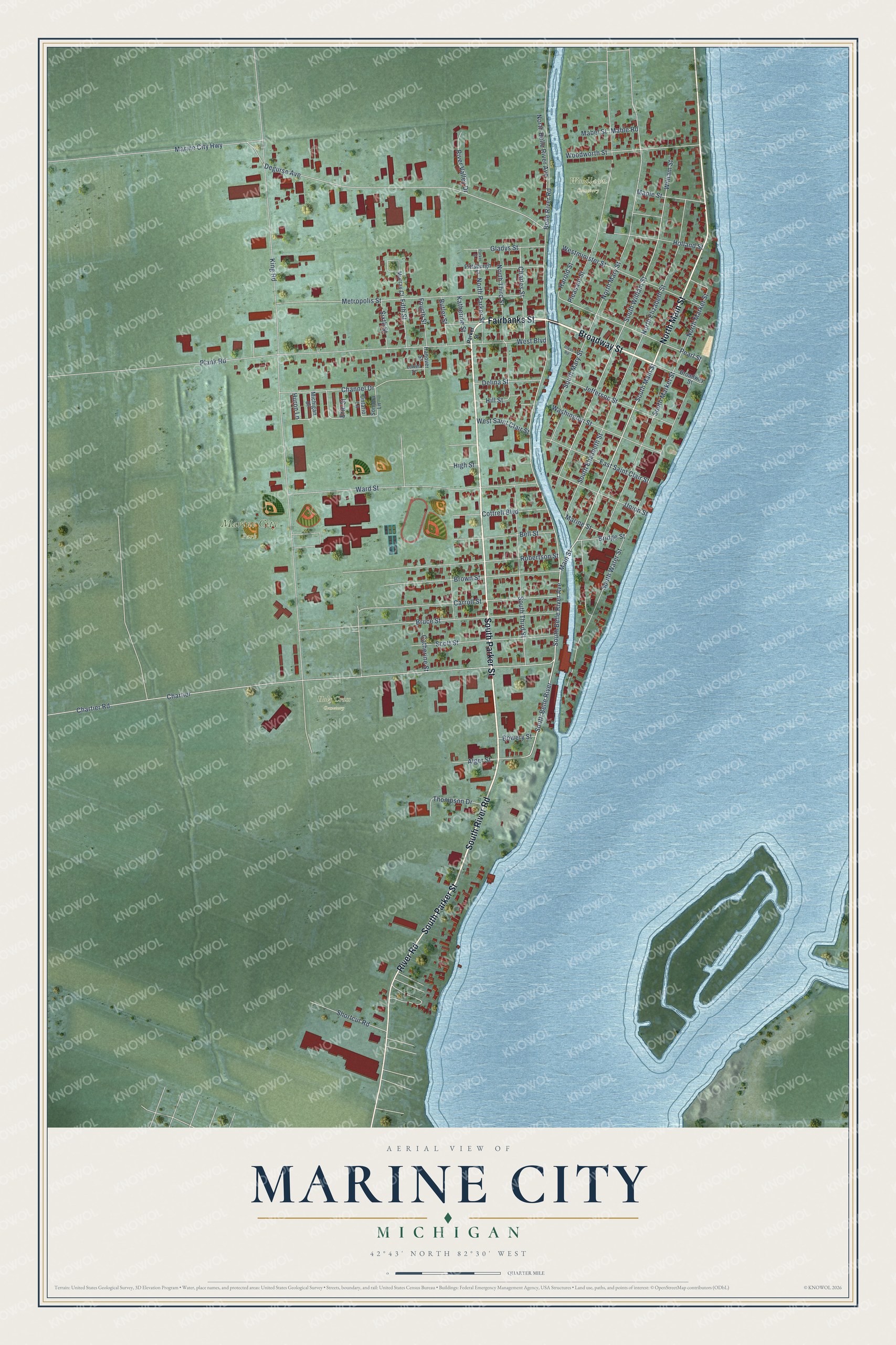 Full map of Marine City, Michigan, with red buildings, printed street names and the land around them