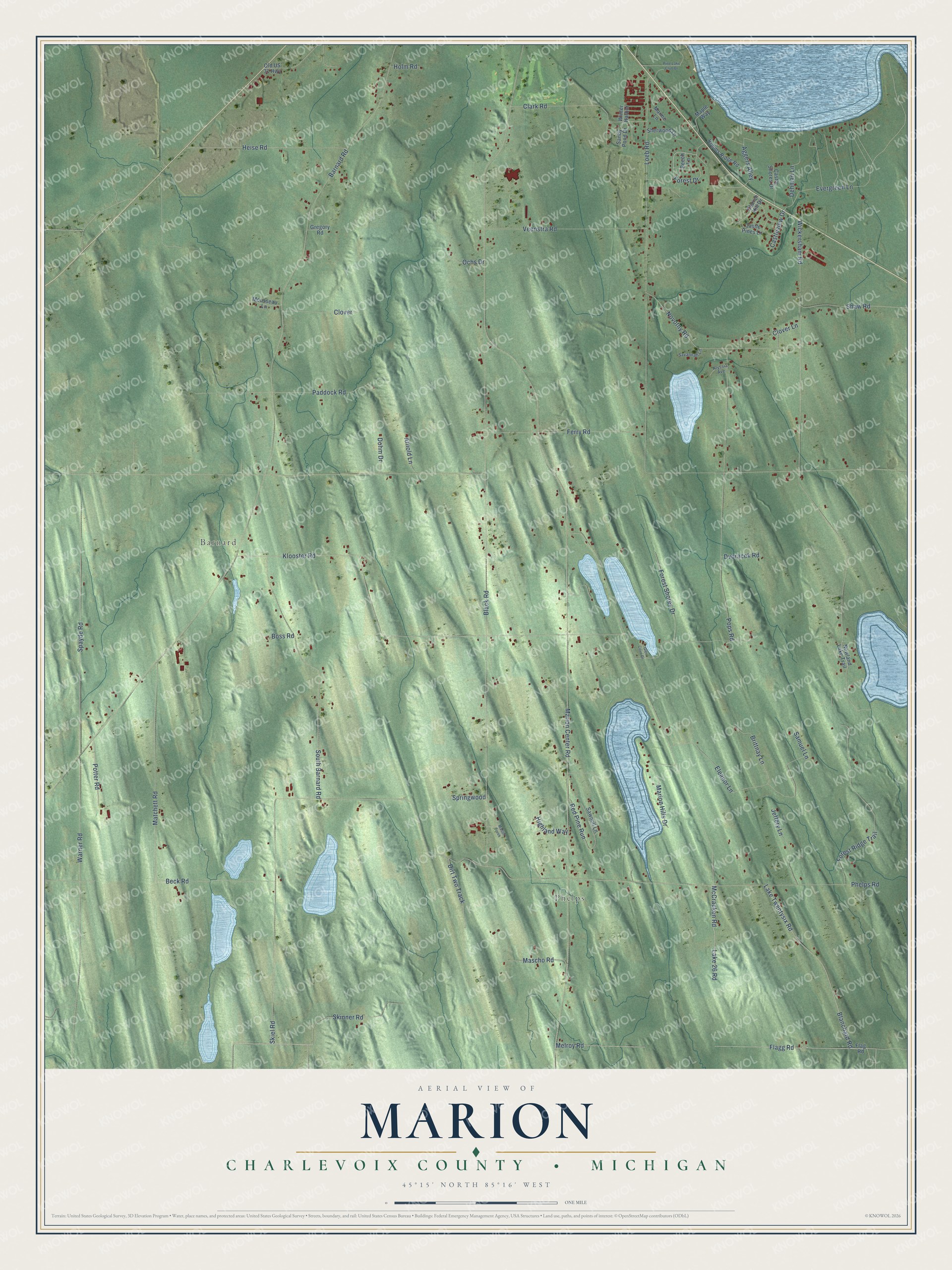 Full map of Marion, Michigan, with red buildings, printed street names and the land around them