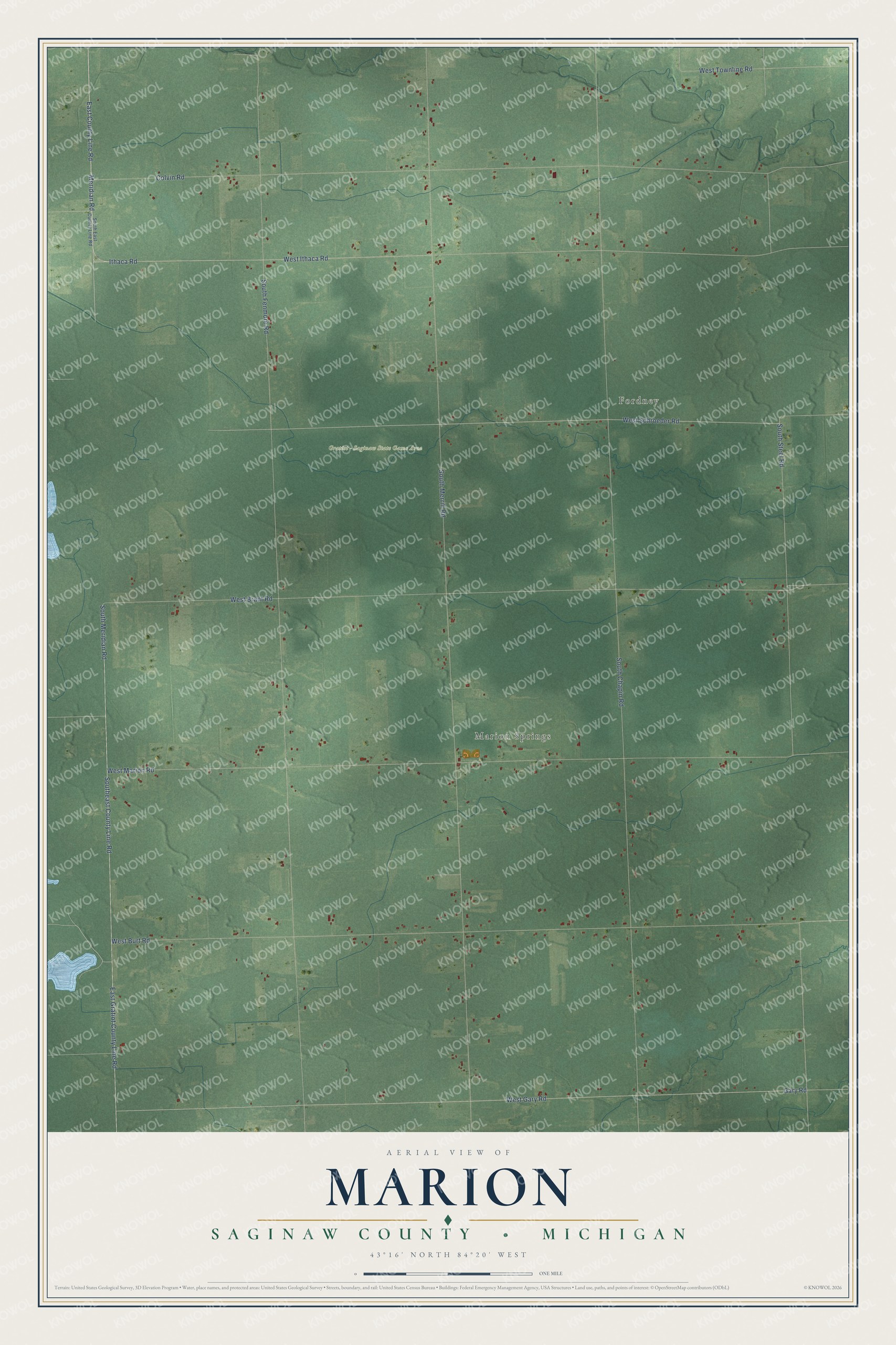 Full map of Marion, Michigan, with red buildings, printed street names and the land around them