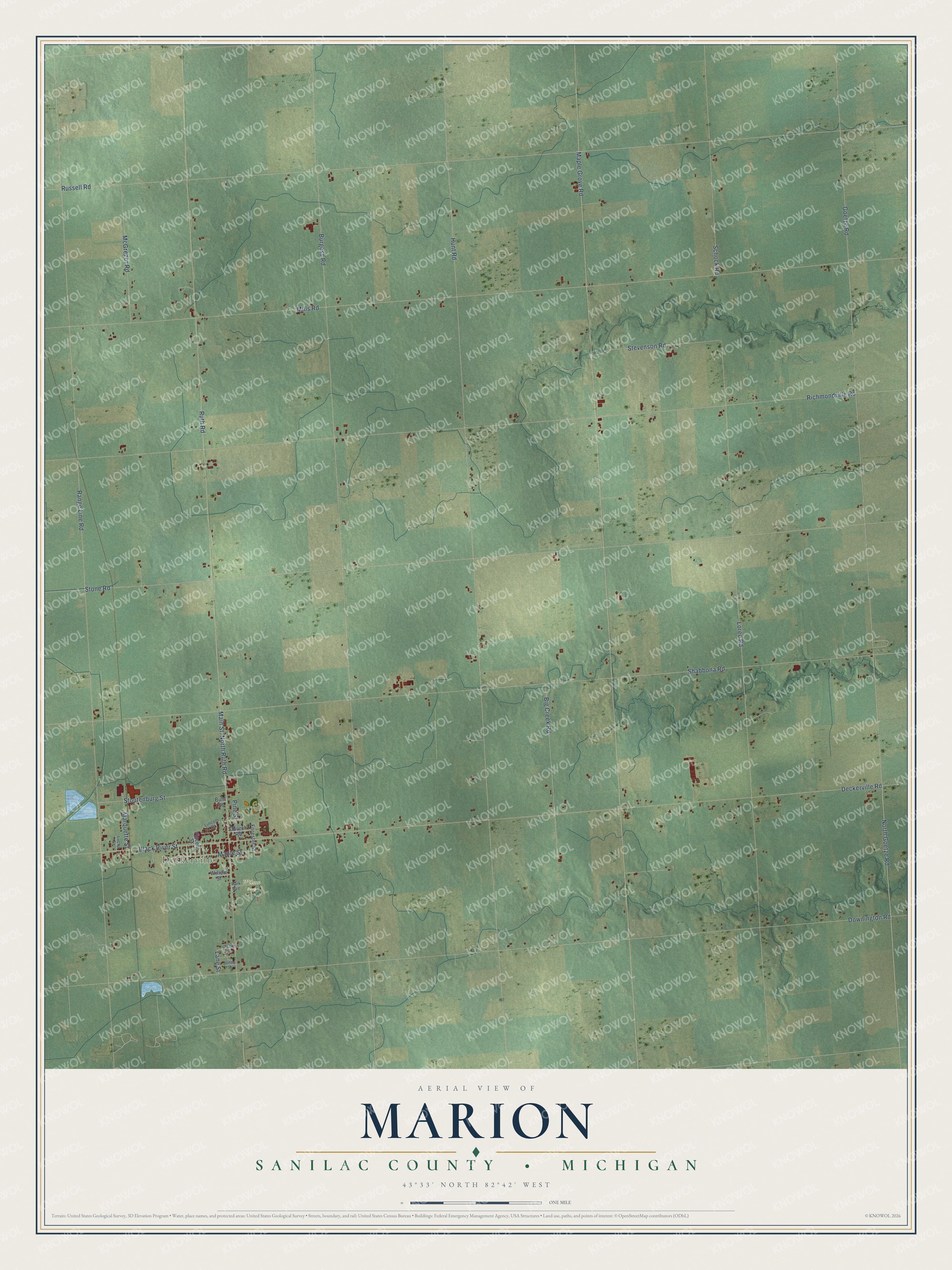 Full map of Marion, Michigan, with red buildings, printed street names and the land around them