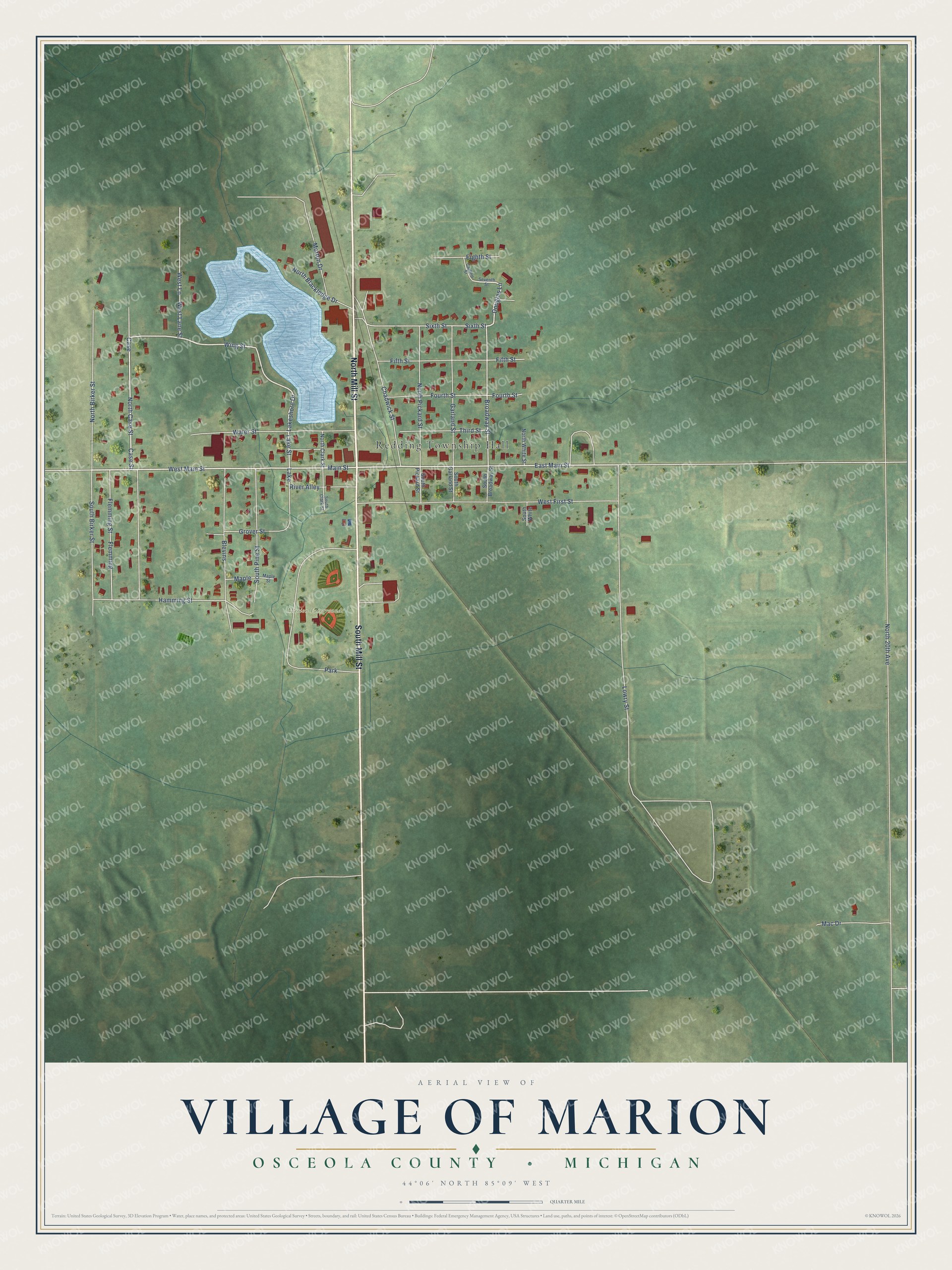 Full map of Marion, Michigan, with red buildings, printed street names and the land around them