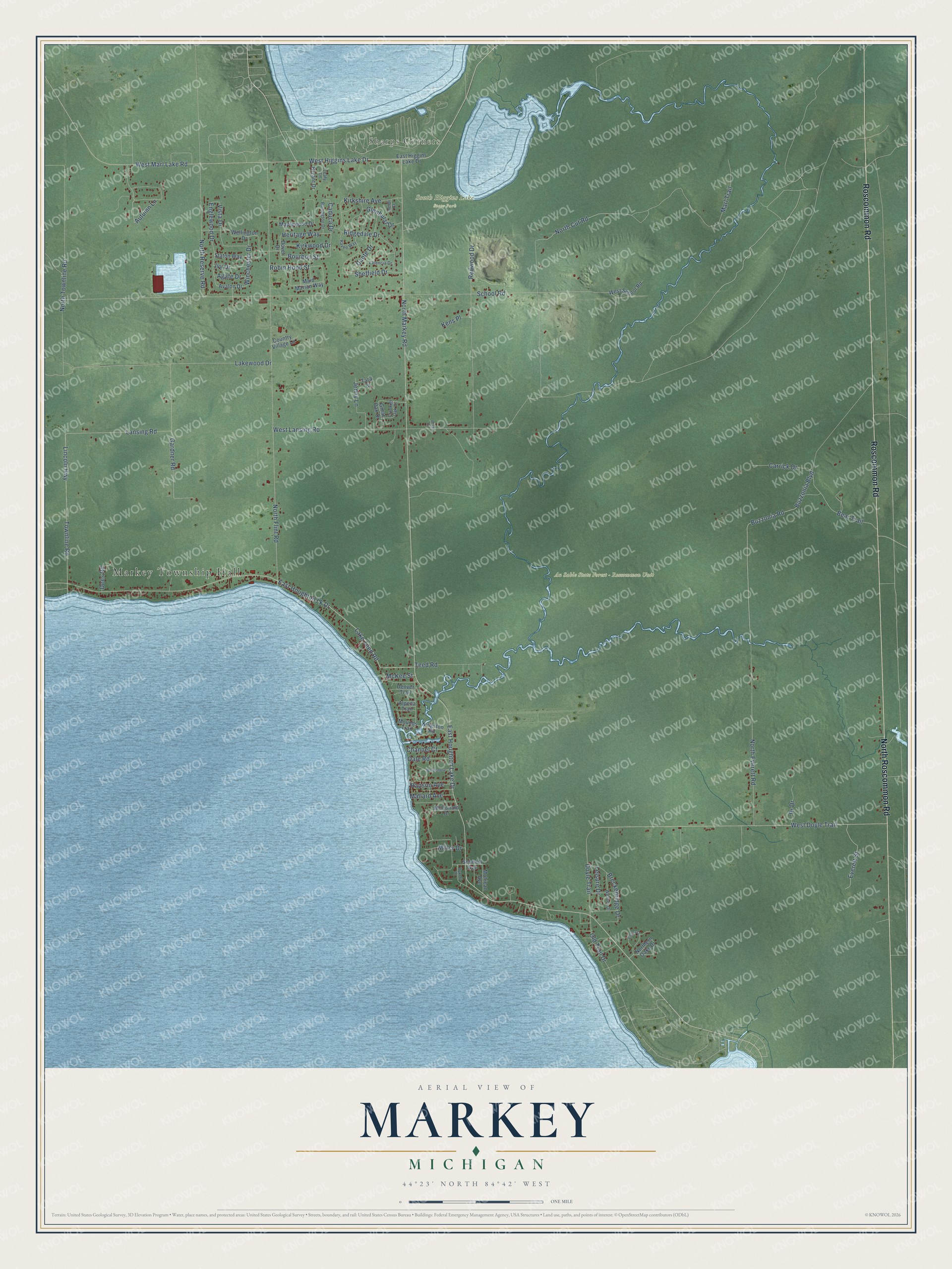 Full map of Markey, Michigan, with red buildings, printed street names and the land around them
