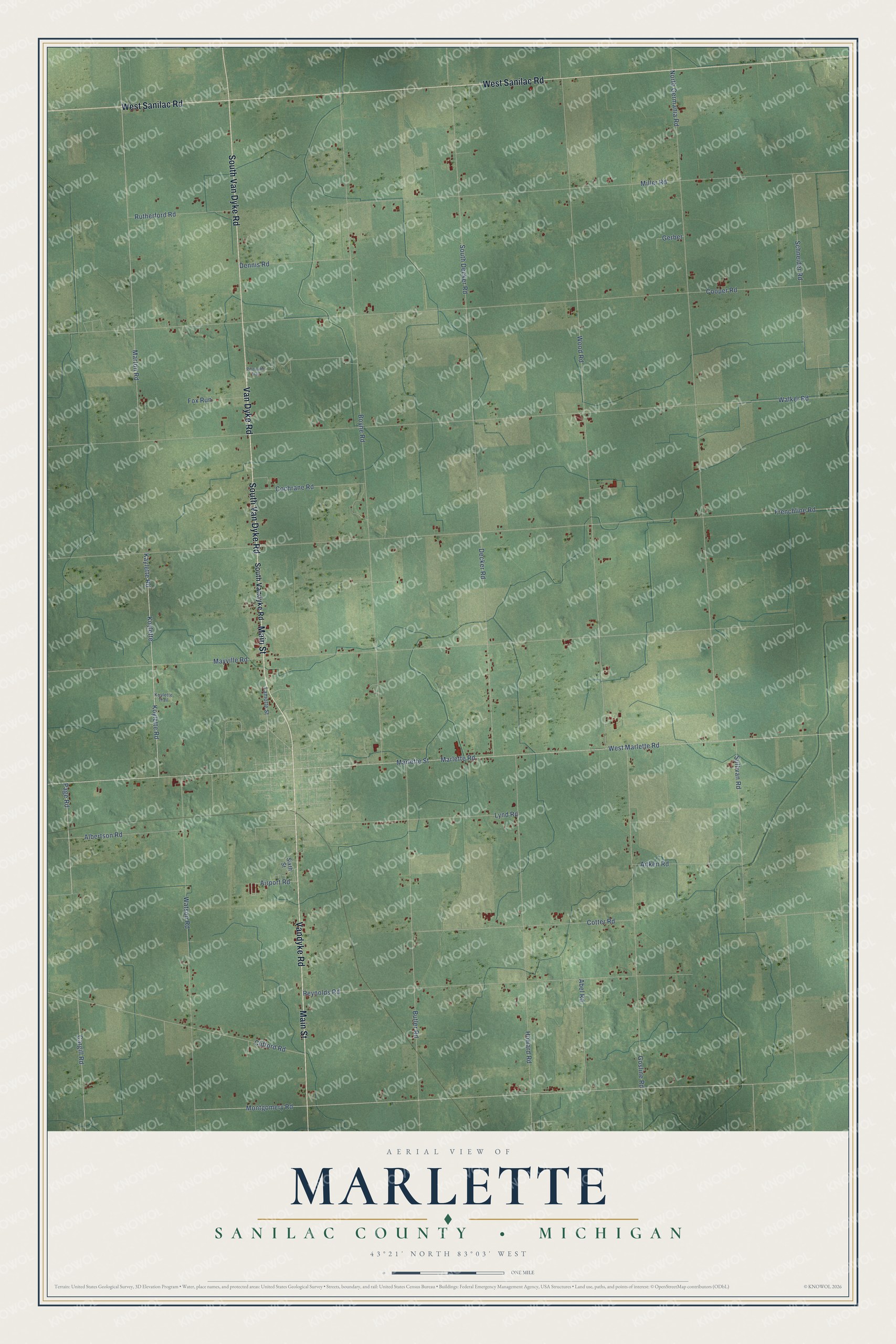 Full map of Marlette, Michigan, with red buildings, printed street names and the land around them