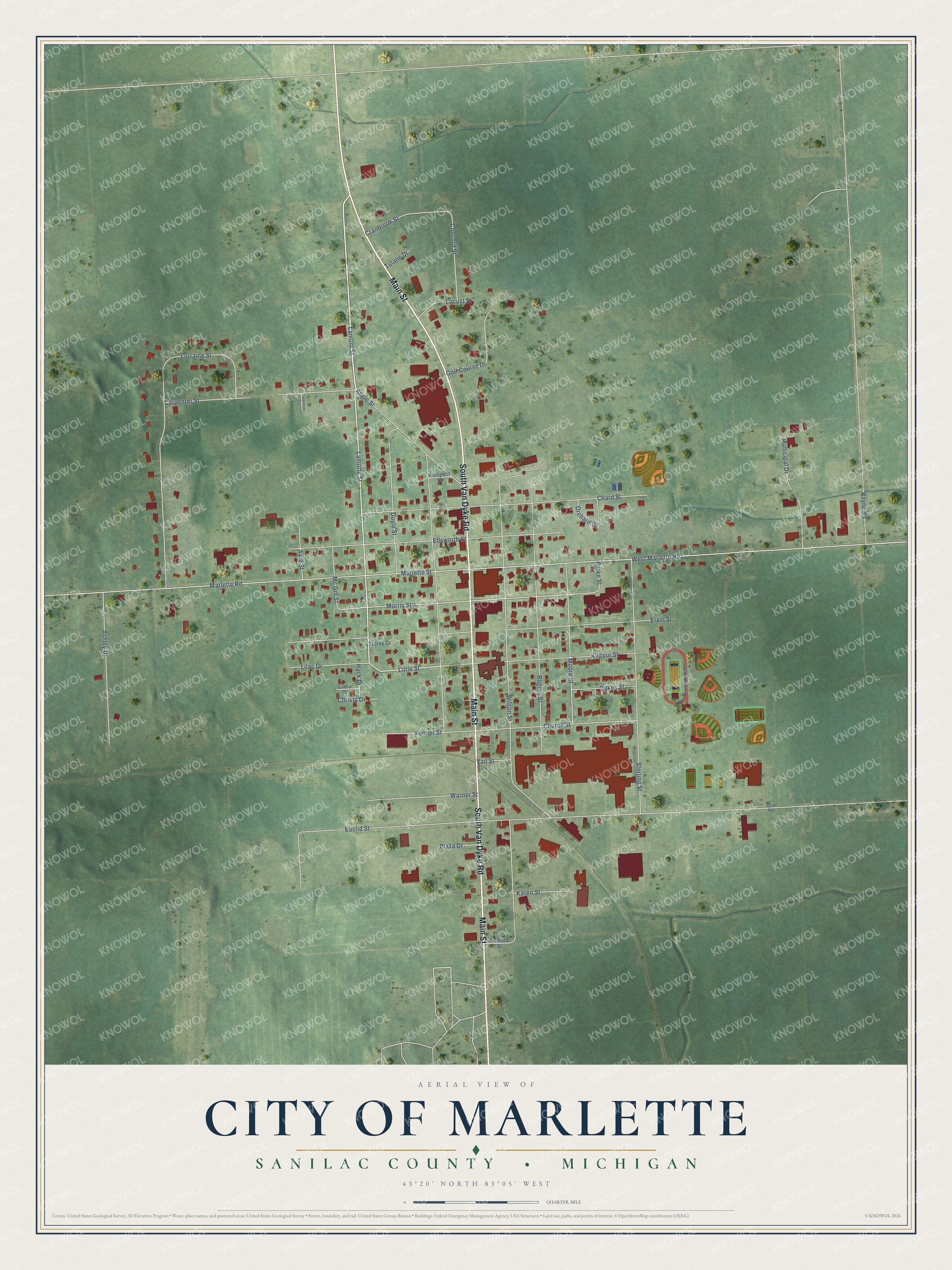 Full map of Marlette, Michigan, with red buildings, printed street names and the land around them