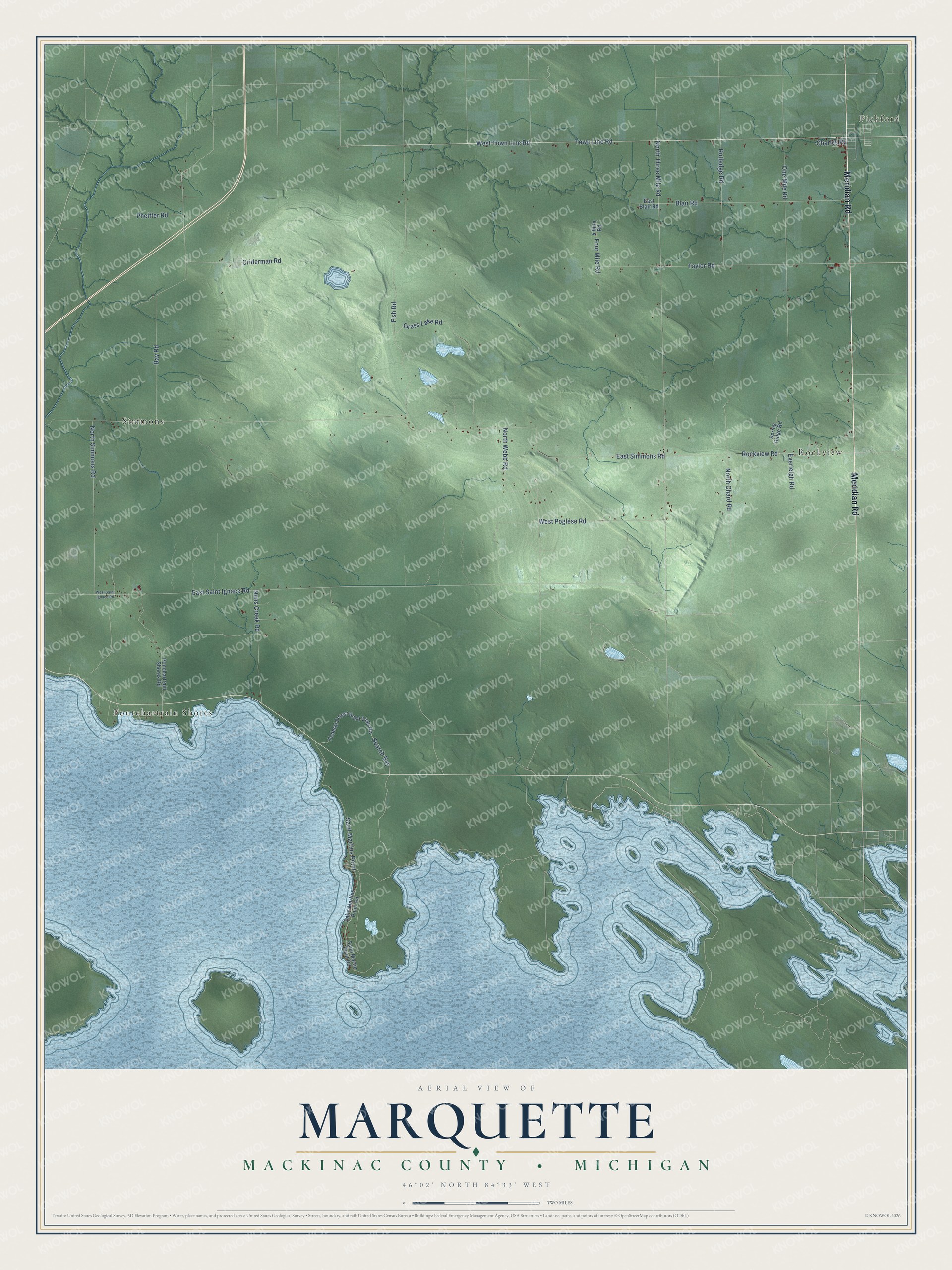 Full map of Marquette, Michigan, with red buildings, printed street names and the land around them