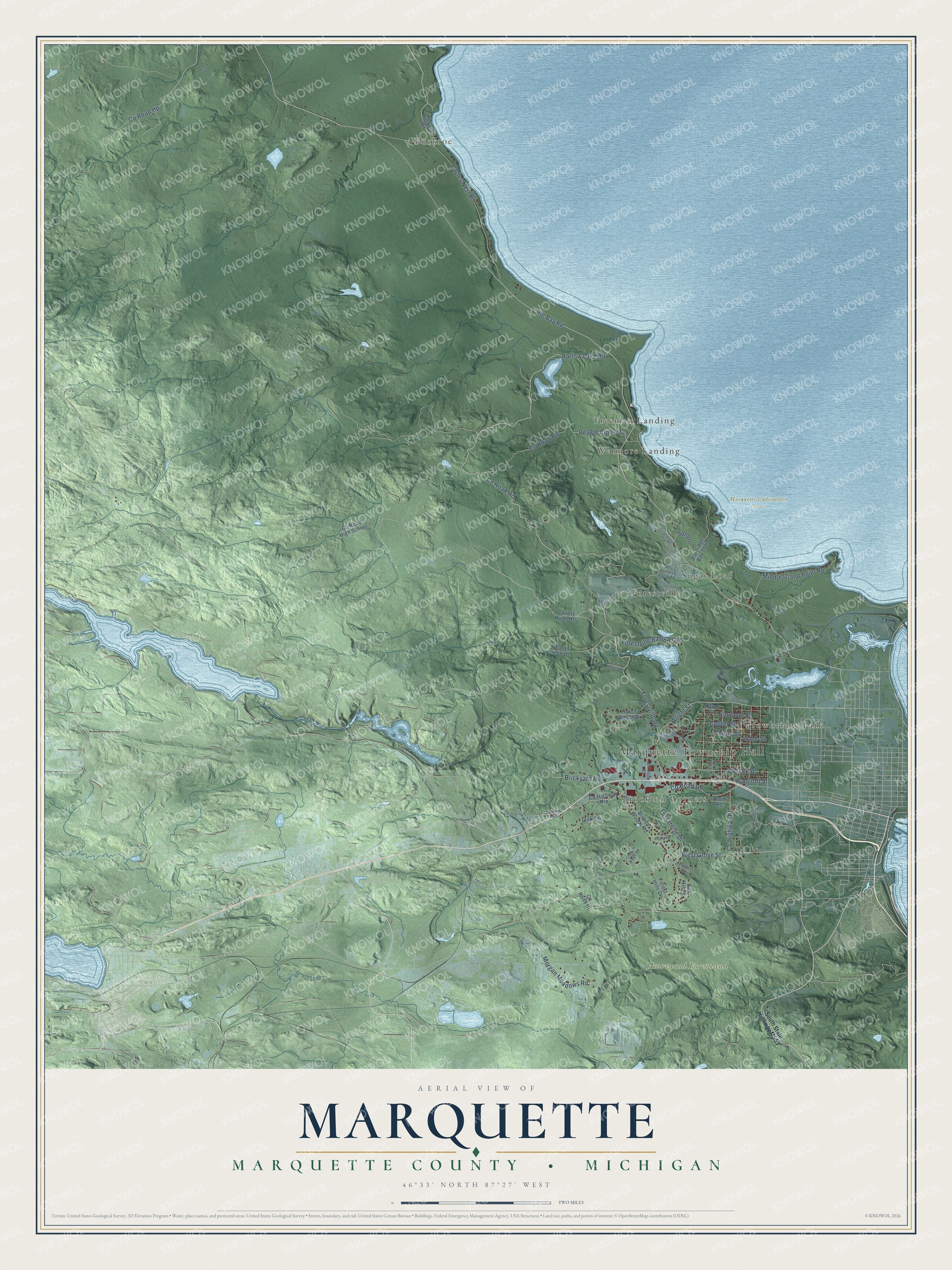 Full map of Marquette, Michigan, with red buildings, printed street names and the land around them