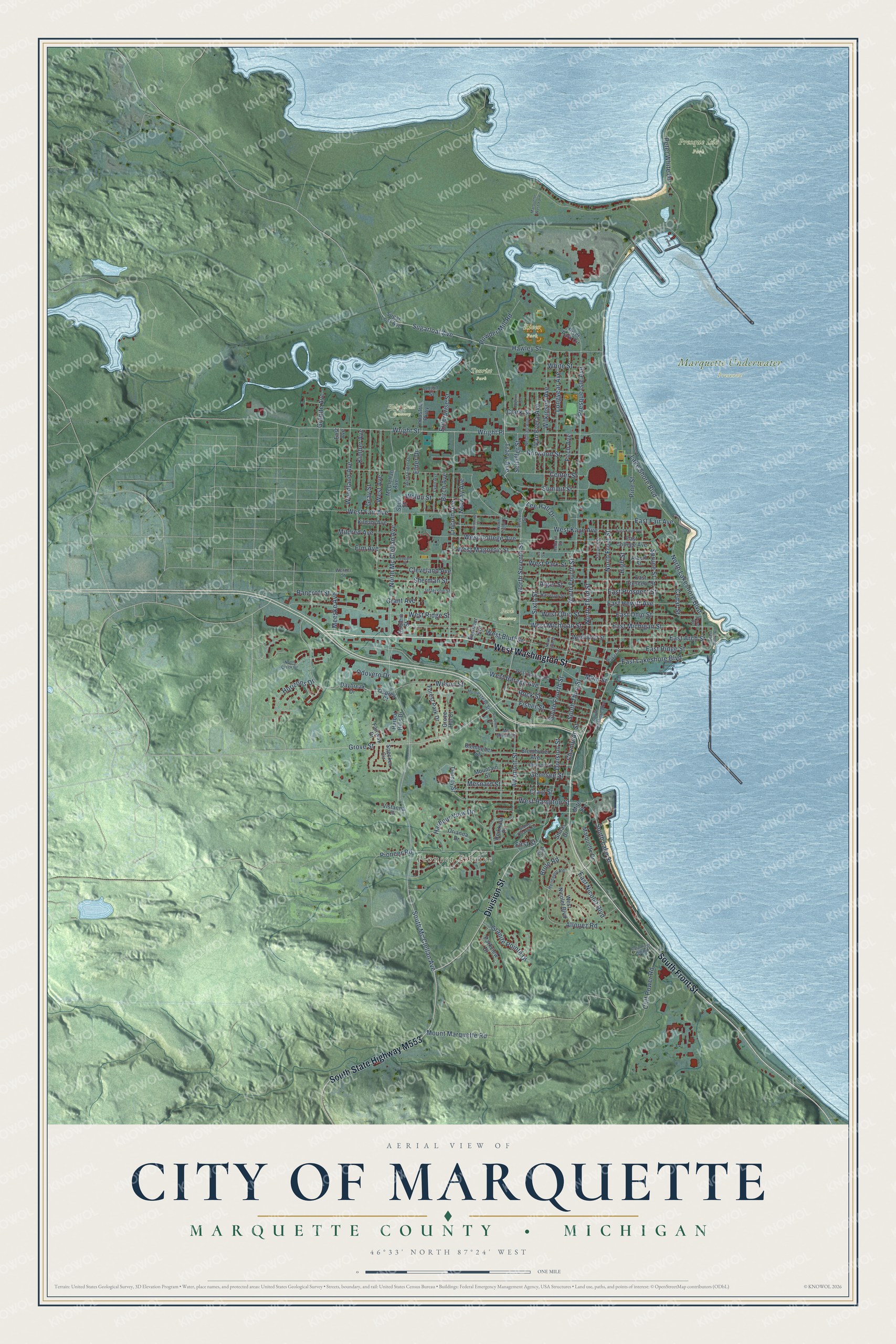 Full map of Marquette, Michigan, with red buildings, printed street names and the land around them