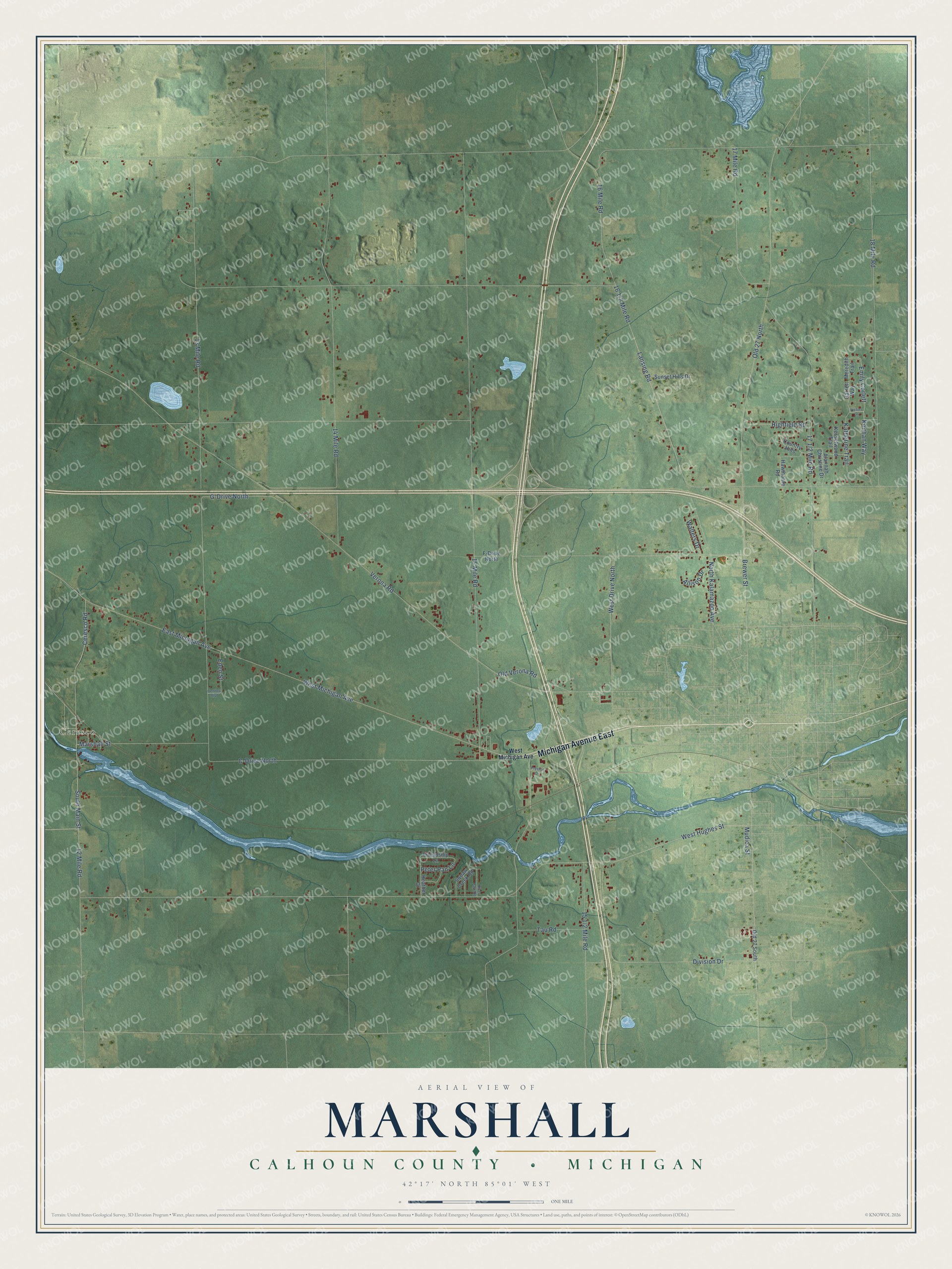 Full map of Marshall, Michigan, with red buildings, printed street names and the land around them