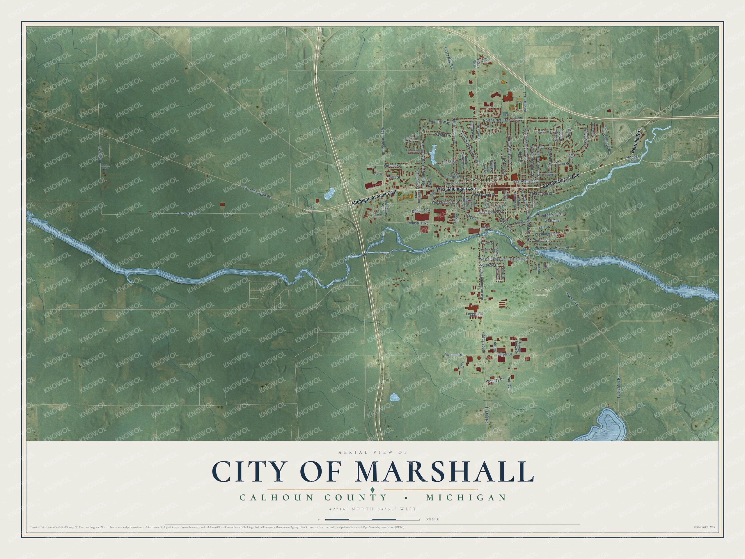 Full map of Marshall, Michigan, with red buildings, printed street names and the land around them