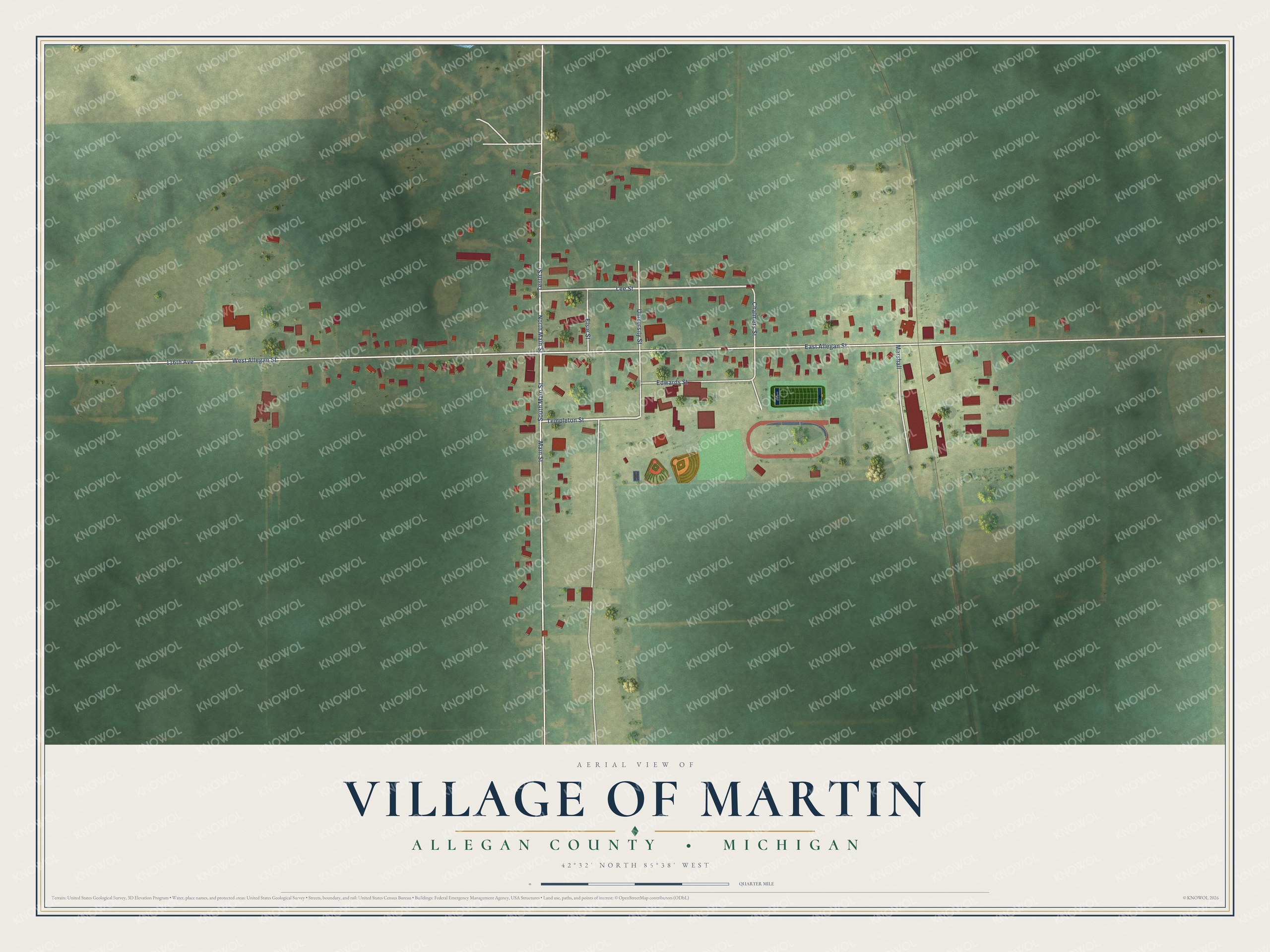 Full map of Martin, Michigan, with red buildings, printed street names and the land around them